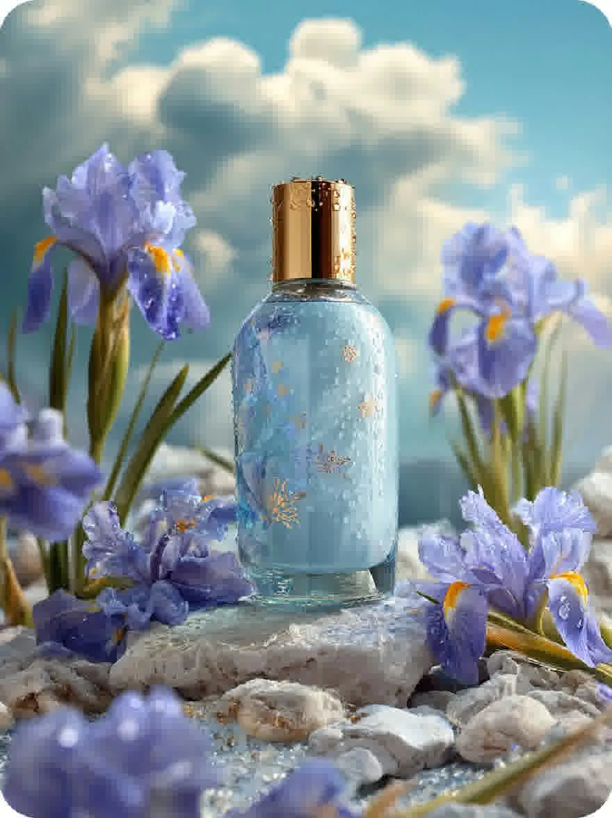 Русский промпт: Фотография бутылки парфюма с золотой кепкой, расположенной на скалистой поверхности, окруженной фиолетовыми ирисами с деликатными лепестками. Фон - ярко -голубое небо с пушистыми белыми облаками. Бутылка прозрачна, что позволяет зрителю видеть содержимое внутри. Ирисы в полном цвете, с их яркими фиолетовыми лепестками, стоящими на мягком, размытовом фоне. Изображение имеет мечтательное, эфирное качество, с мягкой, мечтательной атмосферой. | Original prompt: Photo of a bottle of perfume with a golden cap, placed on a rocky surface, surrounded by purple irises with delicate petals. The background is a bright blue sky with fluffy white clouds. The bottle is transparent, allowing the viewer to see the contents inside. The irises are in full bloom, with their vibrant purple petals standing out against the soft, blurred background. The image has a dreamy, ethereal quality, with a soft, dreamy atmosphere.