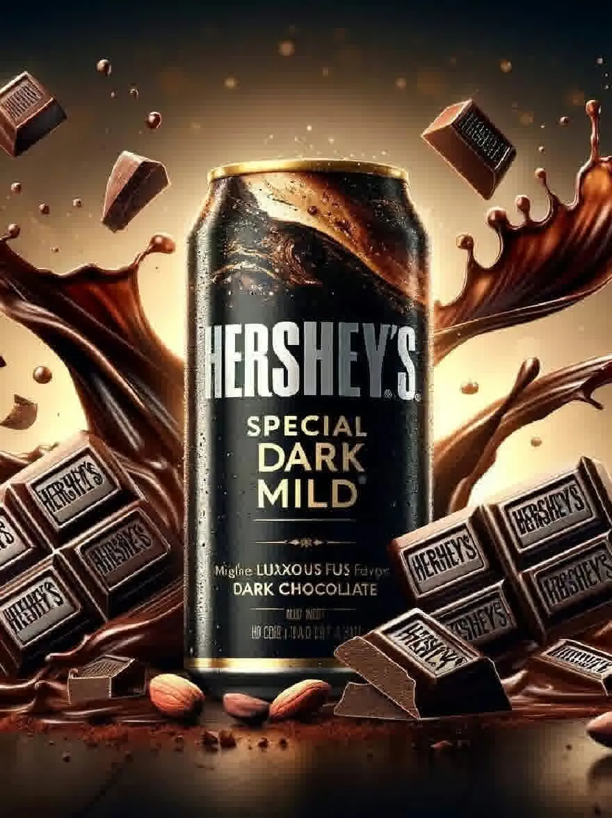 Русский промпт: Фотография банки с особым темным темным шоколадом Херши, окруженная разбросанными кусками шоколада и орехов. Бань находится в центре изображения, с текстом «Херши» и «Особыми темными мягкими», четко видными спереди. Фон - теплый, золотой оттенок, с брызгами темного шоколада и рассеянными орехами вокруг банки. Освещение мягкое и теплое, создавая драматический эффект. Общее настроение декадентское и привлекательное. | Original prompt: Photo of a can of Hershey's Special Dark Mild Dark Chocolate, surrounded by scattered pieces of chocolate and nuts. The can is in the center of the image, with the text "Hershey's" and "Special Dark Mild" clearly visible on the front. The background is a warm, golden hue, with splashes of dark chocolate and scattered nuts around the can. The lighting is soft and warm, creating a dramatic effect. The overall mood is decadent and inviting.