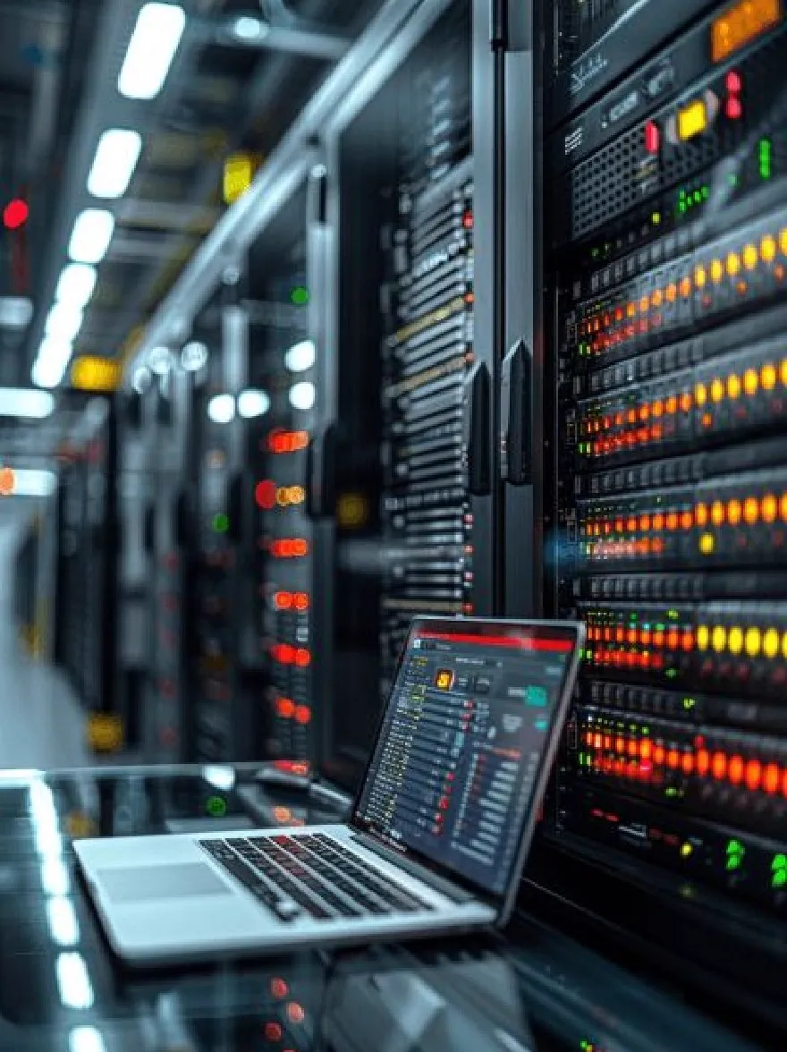 Русский промпт: Ноутбук, сидящий на стеклянном столе в серверной комнате, окруженный рядами серверов с разноцветными дисплеями данных. Серверная комната хорошо освещается с яркими огнями, а фон слегка размыт, что дает ощущение глубины. Ноутбук открыт, отображая панель данных центра обработки данных с различными графами и диаграммами. Изображение снимается под низким углом, глядя на ноутбук. | Original prompt: A laptop computer sitting on a glass table in a server room, surrounded by rows of servers with colorful data displays. The server room is well-lit with bright lights, and the background is slightly blurred, giving a sense of depth. The laptop is open, displaying a data center dashboard with various graphs and charts. The image is taken from a low angle, looking up at the laptop.