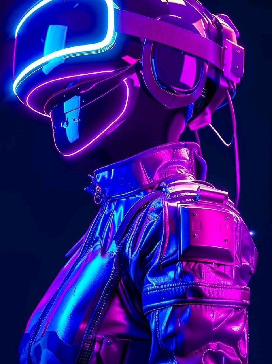 Русский промпт: Футуристический, неоновой шлем с козырьком и защитными очками, в сочетании с блестящей металлической кожаной курткой. Фон темный с градиентом синих и фиолетовых оттенков, создавая поразительный контраст. У шлема есть гладкий, современный дизайн с изогнутым козырьком, который покрывает все лицо. У пиджака есть закрытие молнии и два кармана спереди. Общая эстетика гладкая и острое, с научной фантастической эстетикой. Изображение имеет высокотехнологичный, футуристический вид. | Original prompt: A futuristic, neon-lit helmet with a visor and goggles, paired with a shiny, metallic leather jacket. The background is dark with a gradient of blue and purple hues, creating a striking contrast. The helmet has a sleek, modern design with a curved visor that covers the entire face. The jacket has a zipper closure and two pockets on the front. The overall aesthetic is sleek and edgy, with a sci-fi aesthetic. The image has a high-tech, futuristic feel to it.