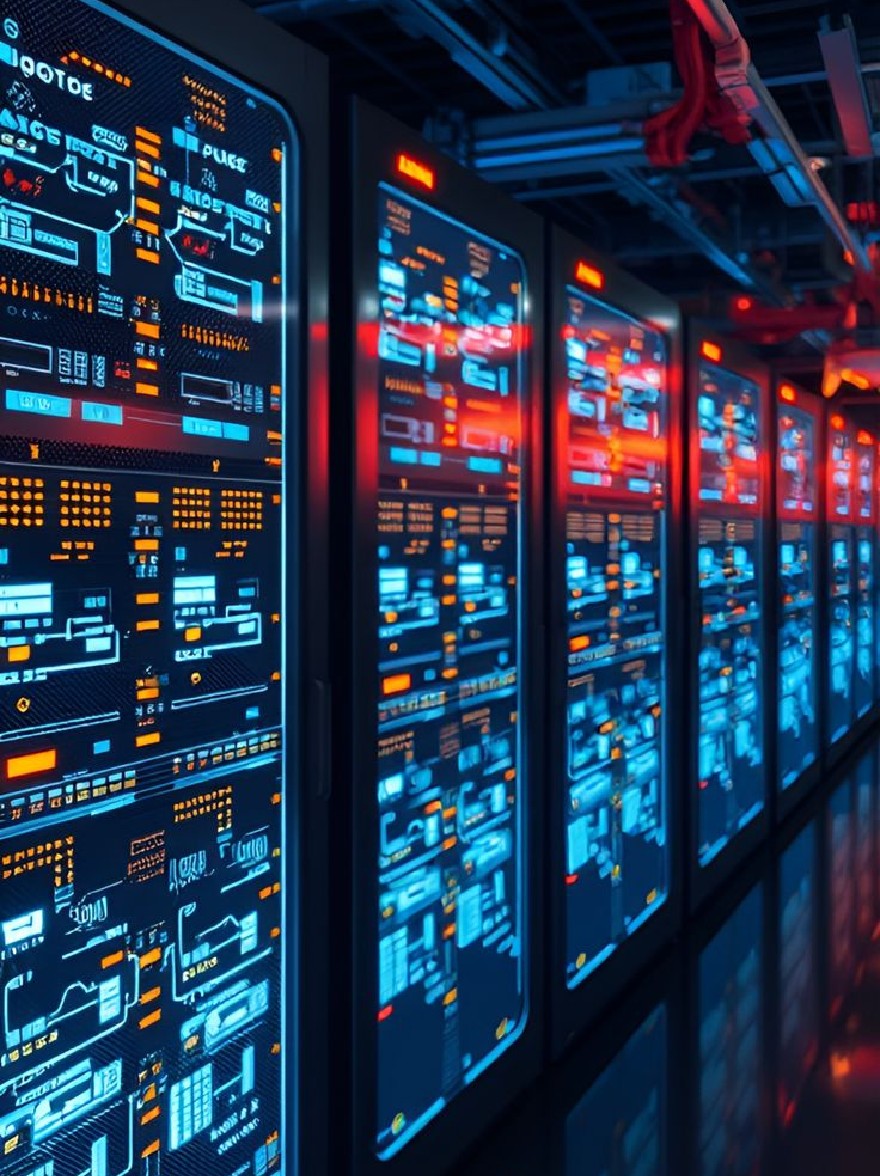 Русский промпт: Ряд компьютерных серверов в центре обработки данных, каждый из которых с сияющими и красными экранами, отображающими различные языки программирования и диаграммы. Серверы расположены в аккуратном ряду, с темной промышленной обстановкой с трубами и проводами, работающими вдоль потолка. Освещение тусклое, набрав синее свечение на серверах, подчеркивая их сложные детали и узоры. Изображение имеет высокотехнологичный, футуристический вид. | Original prompt: A row of computer servers in a data center, each with glowing blue and red screens displaying various programming languages and diagrams. The servers are arranged in a neat row, with a dark, industrial setting, featuring pipes and wires running along the ceiling. The lighting is dim, casting a blue glow on the servers, highlighting their intricate details and patterns. The image has a high-tech, futuristic feel to it.