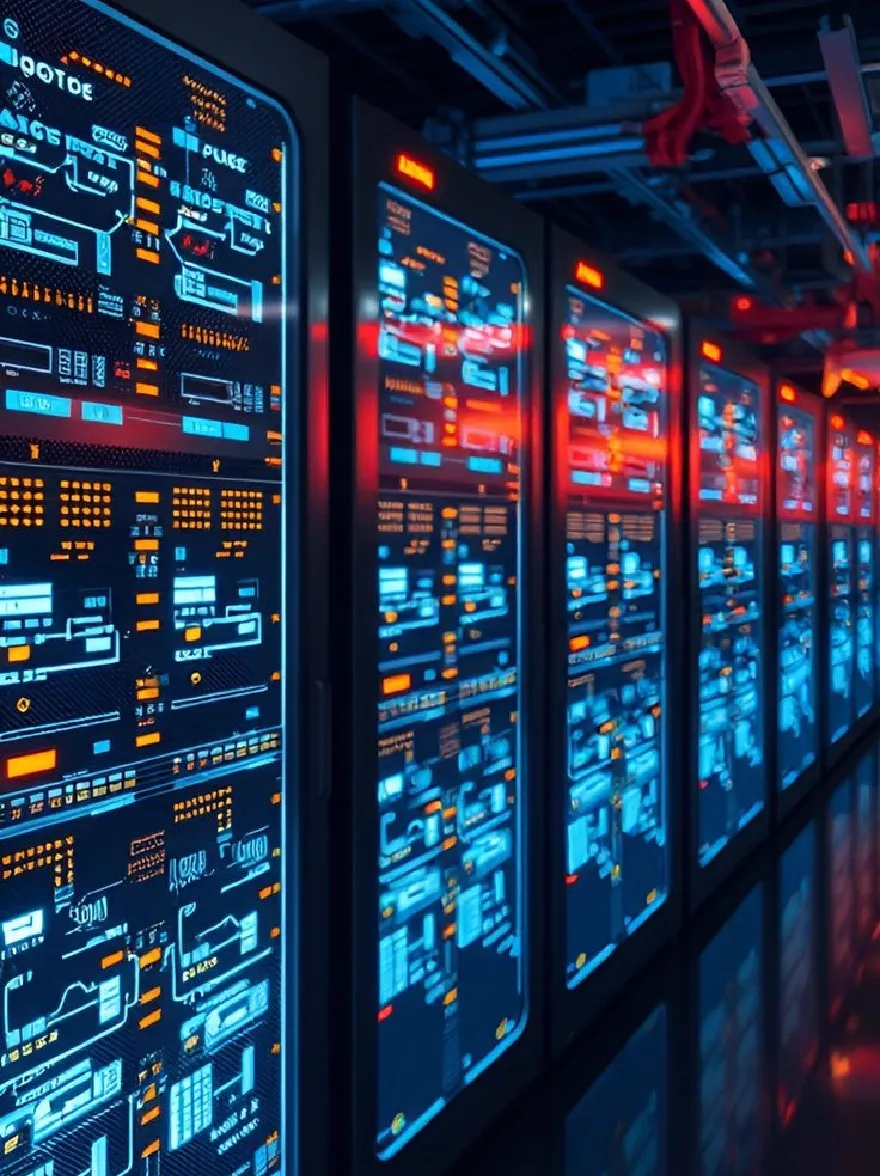 Русский промпт: Ряд компьютерных серверов в центре обработки данных, каждый из которых с сияющими и красными экранами, отображающими различные языки программирования и диаграммы. Серверы расположены в аккуратном ряду, с темной промышленной обстановкой с трубами и проводами, работающими вдоль потолка. Освещение тусклое, набрав синее свечение на серверах, подчеркивая их сложные детали и узоры. Изображение имеет высокотехнологичный, футуристический вид. | Original prompt: A row of computer servers in a data center, each with glowing blue and red screens displaying various programming languages and diagrams. The servers are arranged in a neat row, with a dark, industrial setting, featuring pipes and wires running along the ceiling. The lighting is dim, casting a blue glow on the servers, highlighting their intricate details and patterns. The image has a high-tech, futuristic feel to it.