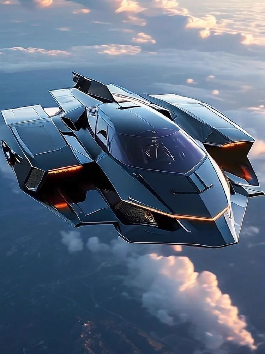 Русский промпт: Футуристический, гладкий, футуристический летающий автомобиль с гладким аэродинамическим дизайном, парящим по небу в сумерках. Автомобиль имеет низкопробранную, угловую форму с заостренным носом и острыми угловатыми фарами. Экстерьер преимущественно черный, с глянцевой отделкой, которая отражает теплый, золотой свет заходящего солнца. Небо заполнено пушистыми, белыми облаками, а линия горизонта видна на расстоянии. Общее настроение драматично, с гладким, угловым дизайном автомобиля, стоящим на ярких цветах неба. | Original prompt: A futuristic, sleek, futuristic flying car with a sleek, aerodynamic design, soaring through the sky at dusk. The car has a low-slung, angular shape with a pointed nose and sharp, angular headlights. The exterior is predominantly black, with a glossy finish that reflects the warm, golden light of the setting sun. The sky is filled with fluffy, white clouds, and the horizon line is visible in the distance. The overall mood is dramatic, with the car's sleek, angular design standing out against the vibrant colors of the sky.