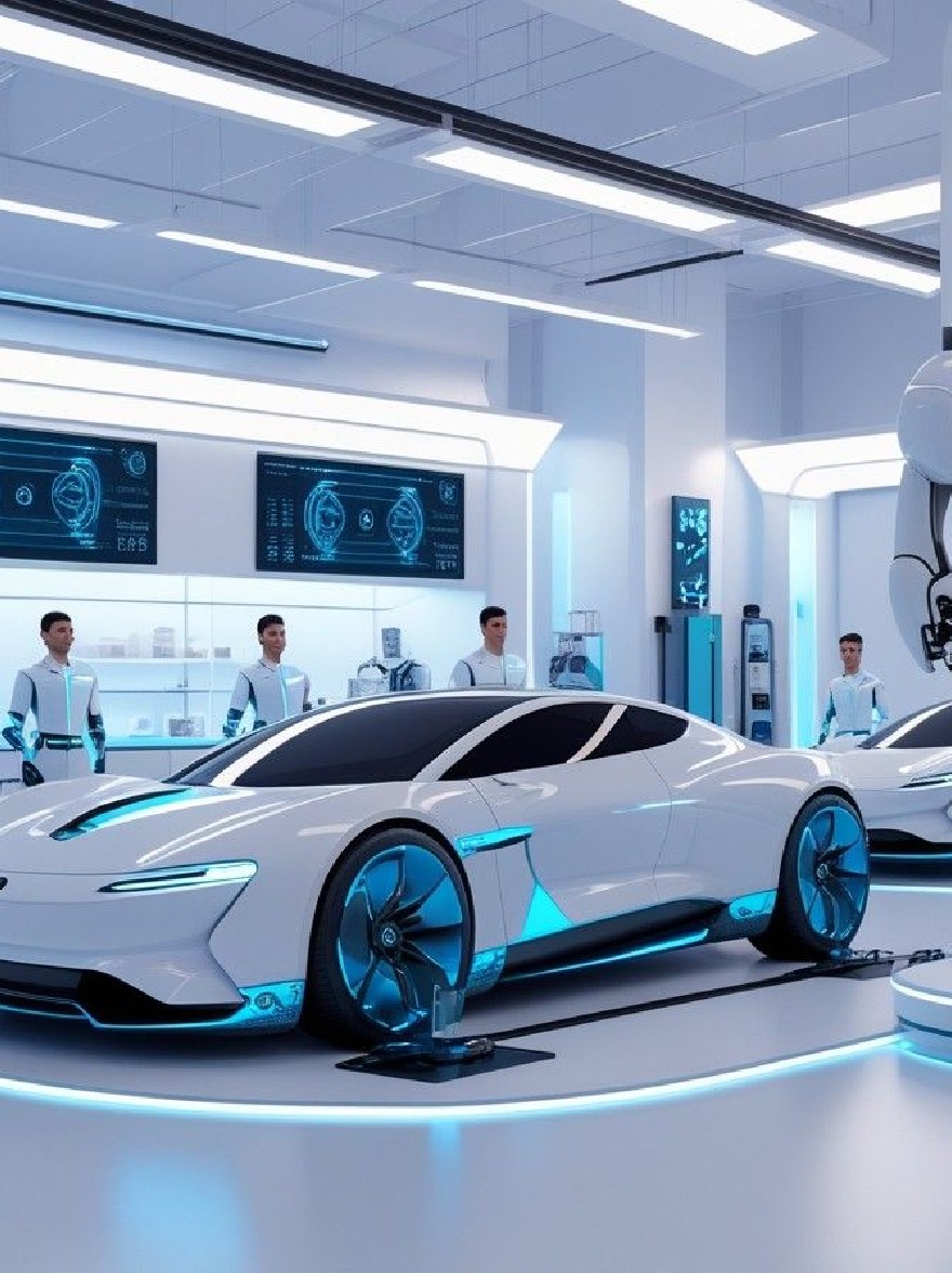 Русский промпт: Футуристический, футуристический автомобильный выставочный зал с гладким, белым и синим дизайном. Автомобиль расположен в центре выставочного зала, в окружении четырех мужчин в белой форме. В выставочном зале есть современная минималистская эстетика с чистыми линиями и ярким освещением. На стенах есть большие экраны, отображающие различную футуристическую информацию. Общая атмосфера - одна из изощренности и инноваций. Изображение высококачественное и имеет водяной знак в правом нижнем углу. | Original prompt: A futuristic, futuristic car showroom with a sleek, white and blue design. The car is positioned in the center of the showroom, surrounded by four men wearing white uniforms. The showroom has a modern, minimalist aesthetic with clean lines and bright lighting. On the walls, there are large screens displaying various futuristic information. The overall atmosphere is one of sophistication and innovation. The image is high quality and has a watermark in the bottom right corner.