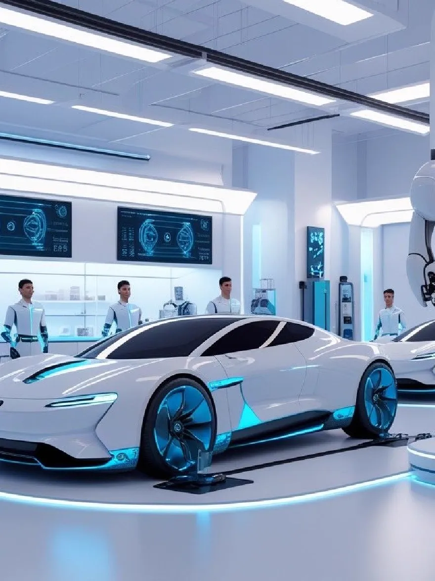 Русский промпт: Футуристический, футуристический автомобильный выставочный зал с гладким, белым и синим дизайном. Автомобиль расположен в центре выставочного зала, в окружении четырех мужчин в белой форме. В выставочном зале есть современная минималистская эстетика с чистыми линиями и ярким освещением. На стенах есть большие экраны, отображающие различную футуристическую информацию. Общая атмосфера - одна из изощренности и инноваций. Изображение высококачественное и имеет водяной знак в правом нижнем углу. | Original prompt: A futuristic, futuristic car showroom with a sleek, white and blue design. The car is positioned in the center of the showroom, surrounded by four men wearing white uniforms. The showroom has a modern, minimalist aesthetic with clean lines and bright lighting. On the walls, there are large screens displaying various futuristic information. The overall atmosphere is one of sophistication and innovation. The image is high quality and has a watermark in the bottom right corner.