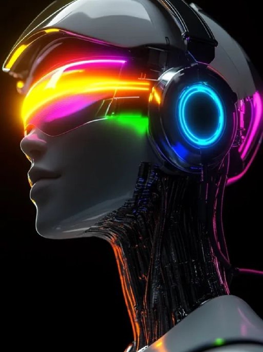 Русский промпт: Футуристический, научно-фантастический робот с гладкой металлической головой и светящейся козырьком радуги. Козырек покрывает все лицо и глаза, создавая поразительный контраст между яркими цветами и темным фоном. Лицо робота симметрично, с гладкой, угловой формой. Шлем украшен круглым, светящимся синим светом, добавляя к футуристическому ощущению изображения. Общая эстетика напоминает киберпанк. | Original prompt: A futuristic, sci-fi robot with a sleek, metallic head and a glowing, rainbow-colored visor. The visor covers the entire face and eyes, creating a striking contrast between the bright colors and the dark background. The robot's face is symmetrical, with a smooth, angular shape. The helmet is adorned with a circular, glowing blue light, adding to the futuristic feel of the image. The overall aesthetic is reminiscent of cyberpunk art.
