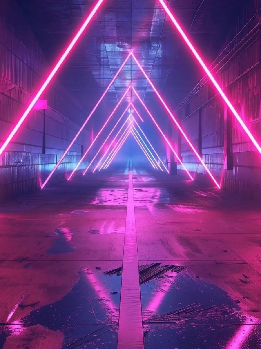 Русский промпт: Футуристический, неоновый туннель с длинной прямой линией розового и синего неонового огня, освещающий бетонный пол. Стены изготовлены из бетона и имеют грязную текстуру. Фон темный, с градиентом синих и розовых оттенков. Освещение создает ощущение глубины и размерности, с неоновыми огнями, начитывающими теплый сияние на пол и стенах. Общий эффект-один из высокотехнологичных, научно-фантастических эстетиков. | Original prompt: A futuristic, neon-lit tunnel with a long, straight line of pink and blue neon lights illuminating the concrete floor. The walls are made of concrete and have a grungy texture. The background is dark, with a gradient of blue and pink hues. The lighting creates a sense of depth and dimensionality, with the neon lights casting a warm glow on the floor and walls. The overall effect is one of a high-tech, sci-fi aesthetic.