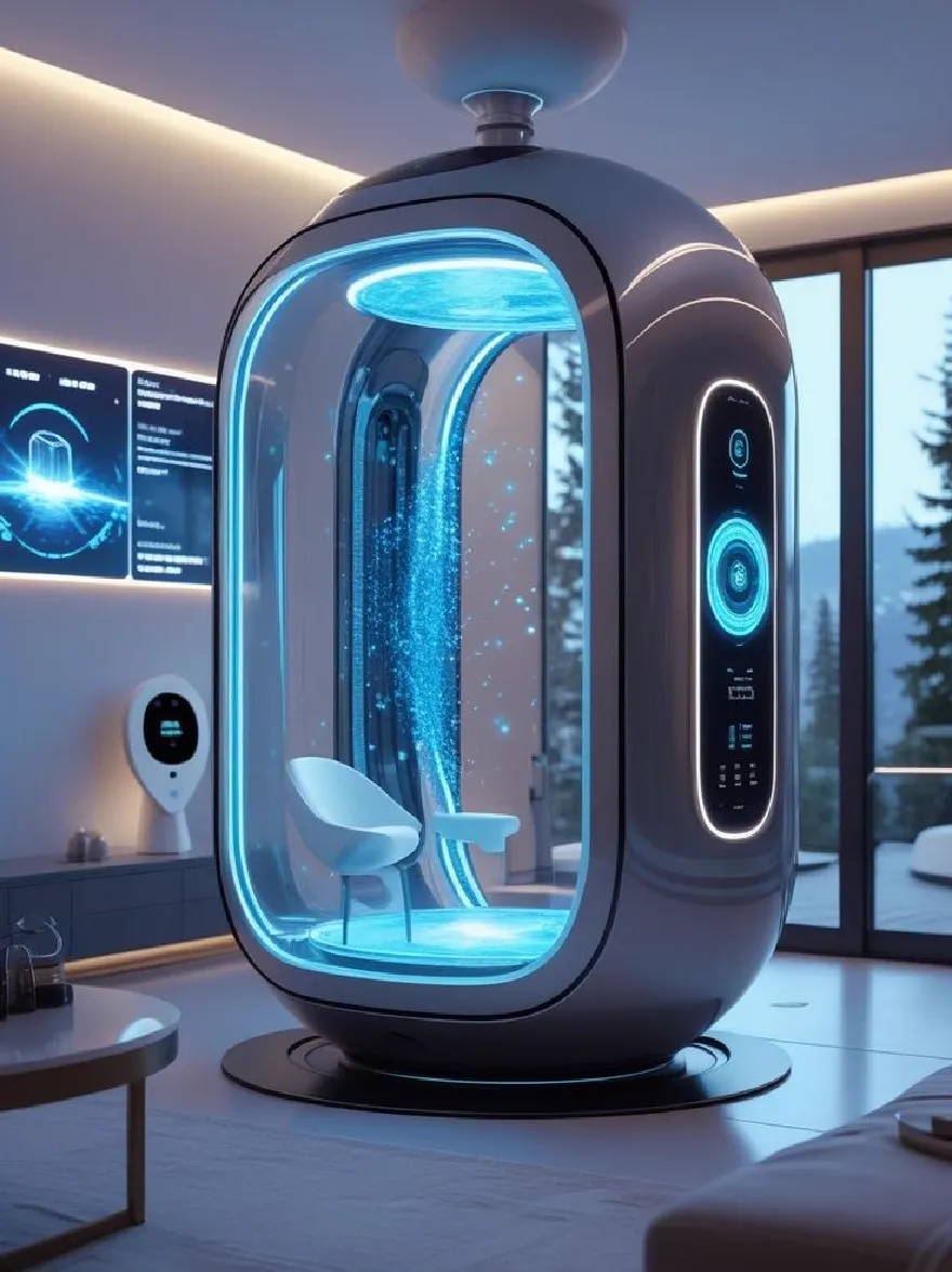 Русский промпт: Футуристическое, гладкое, прозрачное устройство, похожее на стручки с синим светом, исходящим изнутри, сидя на деревянном полу в современной минималистской гостиной. Устройство имеет цилиндрическую форму с плоским верхом и прозрачной стеклянной дверью, что позволяет пользователю видеть воду внутри. На правой стороне устройства есть панель управления с различными кнопками, а на левой стороне есть два экрана, отображающих информацию об устройстве. Комната смутно освещена, с большим окном на заднем плане, позволяя увидеть внешнюю. Пол покрыт светлым ковром, а небольшой стол с несколькими предметами на нем видны на переднем плане. | Original prompt: A futuristic, sleek, transparent pod-like device with a blue light emanating from the inside, sitting on a wooden floor in a modern, minimalist living room. The device has a cylindrical shape with a flat top and a transparent glass door, allowing the user to see the water inside. On the right side of the device, there is a control panel with various buttons, and on the left side, there are two screens displaying information about the device. The room is dimly lit, with a large window in the background, allowing a view of the outside. The floor is covered with a light-colored carpet, and a small table with a few items on it is visible in the foreground.