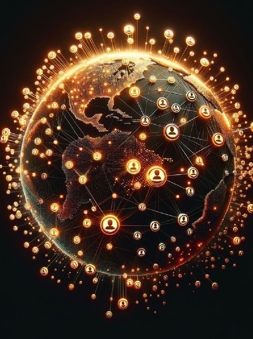 Русский промпт: Цифровая иллюстрация светящегося глобуса с соединениями вокруг него, представляющая глобальную связь. Глобус имеет сферическую форму и имеет золотой оттенок, с темным фоном. Соединения представлены небольшими светящимися значками людей, соединенных линиями и точками, создавая сетевой шаблон по всему миру. Значки расположены в симметричном шаблоне, причем каждый значок представляет собой другую страну или континент. Общий эффект - это взаимосвязь и связь. | Original prompt: A digital illustration of a glowing globe with connections around it, representing global connectivity. The globe is spherical in shape and has a golden hue, with a dark background. The connections are represented by small, glowing icons of people connected by lines and dots, creating a network-like pattern around the globe. The icons are arranged in a symmetrical pattern, with each icon representing a different country or continent. The overall effect is one of interconnectedness and connectivity.
