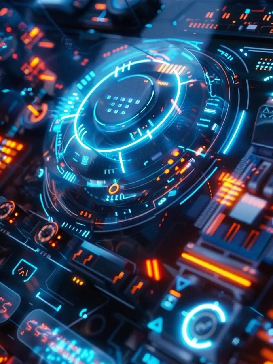 Русский промпт: Крупным планом футуристической панели мониторинга со светящимся синим и оранжевым интерфейсом с круглым спидометом в центре. Спидометр окружен различными электронными компонентами, такими как резисторы, конденсаторы и транзисторы, все в оттенках синего, оранжевого и черного. Фон представляет собой смесь темных и светло -голубых тонов, с акцентом на спидометр и его различные иконы. Общий эффект представляет собой высокотехнологичный, научный дизайн с футуристическим ощущением. | Original prompt: A close-up of a futuristic dashboard with a glowing blue and orange interface, featuring a circular speedometer in the center. The speedometer is surrounded by various electronic components such as resistors, capacitors, and transistors, all in shades of blue, orange, and black. The background is a mix of dark and light blue tones, with a focus on the speedometer and its various icons. The overall effect is a high-tech, sci-fi-inspired design with a futuristic feel.