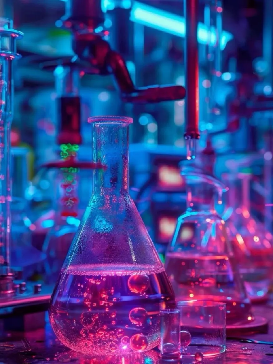 Русский промпт: Лабораторная обстановка с различным лабораторным оборудованием, включая конические колбы, стаканы и колбы, заполненные различными цветными жидкостями. Лаборатория смутно освещена синими и красными неоновыми огнями, создавая яркую и жуткую атмосферу. Колбы расположены подряд, с самой большой колкой на переднем плане и меньшими на заднем плане. Фон размыт, но, по -видимому, это промышленная обстановка с трубами и оборудованием. Цвета яркие и яркие, со смесью блюза, зелени и красных. Изображение высокое качество и имеет научную тему. | Original prompt: A laboratory setting with various laboratory equipment, including conical flasks, beakers, and flasks filled with different colored liquids. The laboratory is dimly lit with blue and red neon lights, creating a vibrant and eerie atmosphere. The flasks are arranged in a row, with the largest flask in the foreground and the smaller ones in the background. The background is blurred, but it appears to be an industrial setting with pipes and equipment. The colors are bright and vivid, with a mix of blues, greens, and reds. The image is high quality and has a science theme.