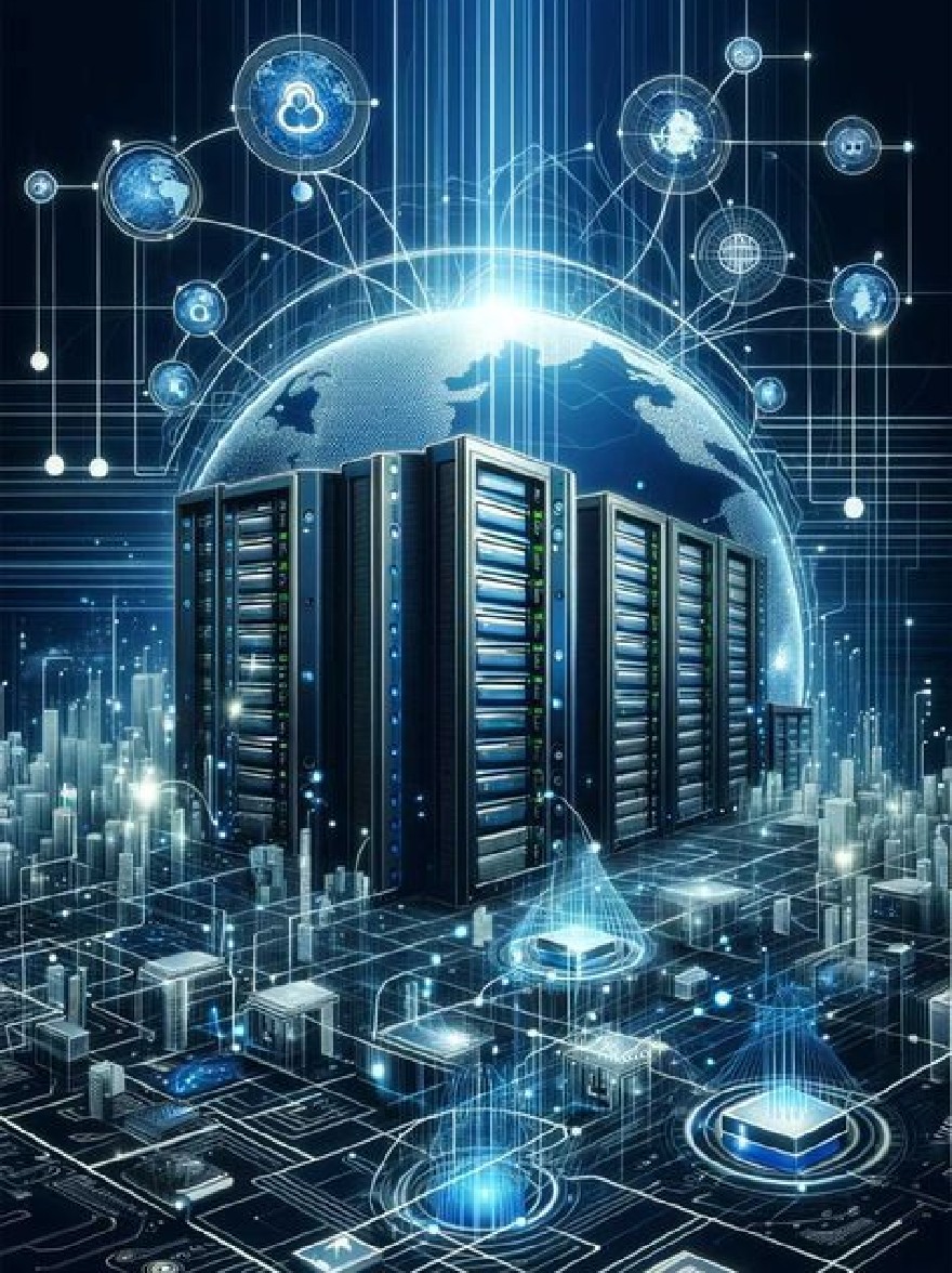 Русский промпт: Футуристическая, высокотехнологичная иллюстрация серверной комнаты с большим глобусом в центре, окруженная взаимосвязанными линиями и точками, представляющими глобальную связь. Серверная комната оснащена несколькими серверами, с синей и черной цветовой гаммой. Глобус освещен ярким источником света, а фон - темный, абстрактная сетка. Изображение передает чувство глобальной связи и технологического прогресса. Серверы расположены в симметричном рисунке, с земным шаром в центре. Общий эффект - это изысканность и надежность. | Original prompt: A futuristic, high-tech illustration of a server room with a large globe in the center, surrounded by interconnected lines and dots representing global connectivity. The server room is equipped with multiple servers, with a blue and black color scheme. The globe is illuminated by a bright light source, and the background is a dark, abstract grid pattern. The image conveys a sense of global connectivity and technological advancement. The servers are arranged in a symmetrical pattern, with the globe at the center. The overall effect is one of sophistication and reliability.