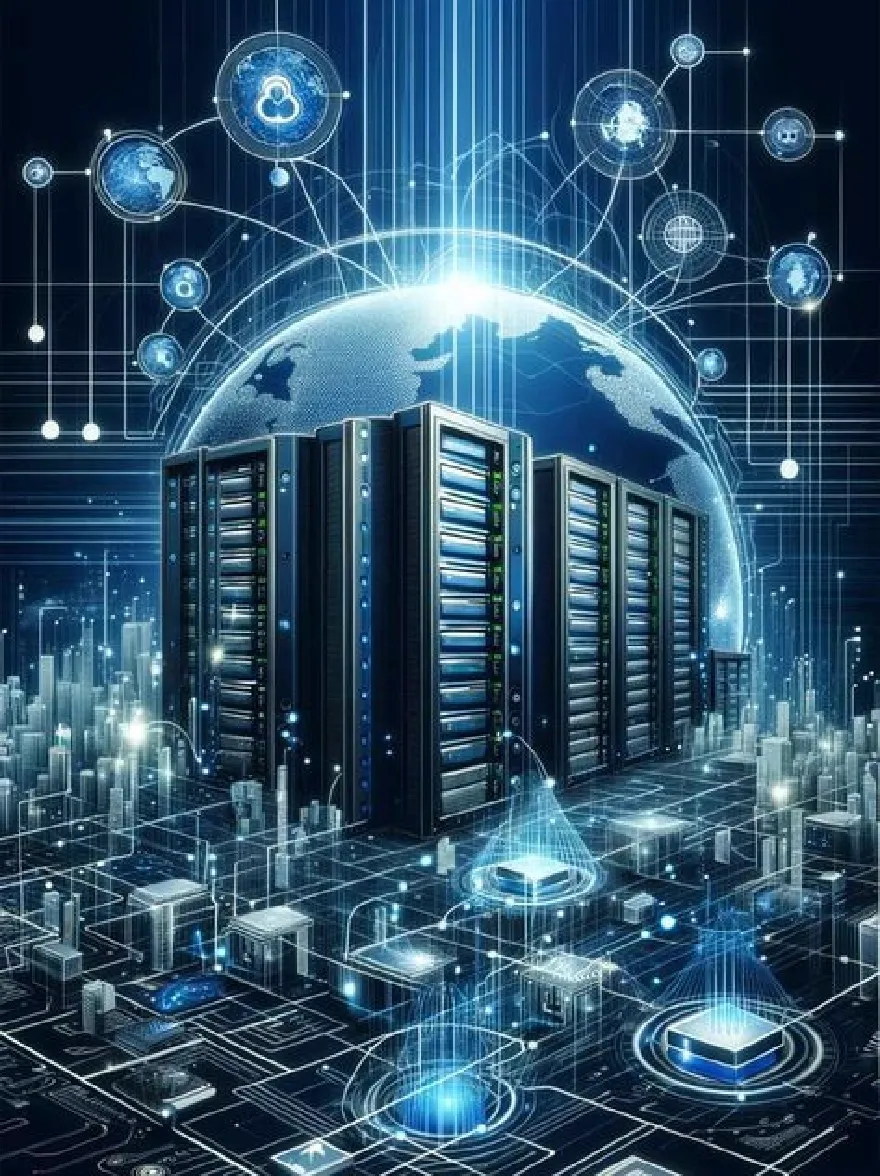 Русский промпт: Футуристическая, высокотехнологичная иллюстрация серверной комнаты с большим глобусом в центре, окруженная взаимосвязанными линиями и точками, представляющими глобальную связь. Серверная комната оснащена несколькими серверами, с синей и черной цветовой гаммой. Глобус освещен ярким источником света, а фон - темный, абстрактная сетка. Изображение передает чувство глобальной связи и технологического прогресса. Серверы расположены в симметричном рисунке, с земным шаром в центре. Общий эффект - это изысканность и надежность. | Original prompt: A futuristic, high-tech illustration of a server room with a large globe in the center, surrounded by interconnected lines and dots representing global connectivity. The server room is equipped with multiple servers, with a blue and black color scheme. The globe is illuminated by a bright light source, and the background is a dark, abstract grid pattern. The image conveys a sense of global connectivity and technological advancement. The servers are arranged in a symmetrical pattern, with the globe at the center. The overall effect is one of sophistication and reliability.