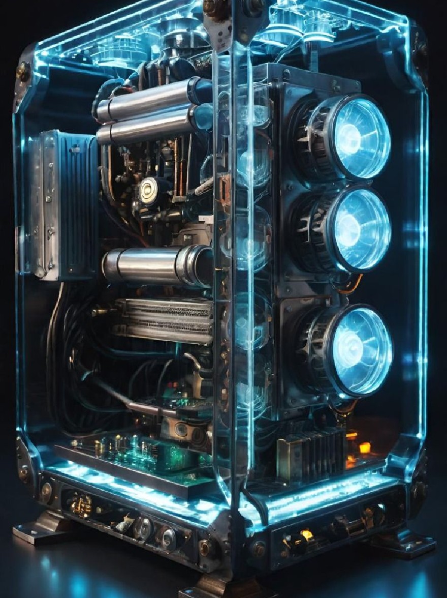 Русский промпт: Фотография футуристического компьютерного корпуса с гладкой металлической рамой и прозрачным стеклянным корпусом. Дело освещается синими неоновыми огнями, создавая поразительный контраст на темном фоне. Внутри корпуса существуют различные компоненты, такие как вентиляторы, радиаторы и кабели, все видны через прозрачное стекло. Общая эстетика гладкая и сложная, с акцентом на сложный дизайн корпуса. Освещение драматично, подчеркивая сложные детали компонентов и создавая захватывающий эффект. | Original prompt: A photograph of a futuristic computer case with a sleek, metallic frame and a transparent glass enclosure. The case is illuminated by blue neon lights, creating a striking contrast against the dark background. Inside the case, there are various components such as fans, heatsinks, and cables, all visible through the transparent glass. The overall aesthetic is sleek and sophisticated, with a focus on the intricate design of the case. The lighting is dramatic, highlighting the intricate details of the components and creating a captivating effect.