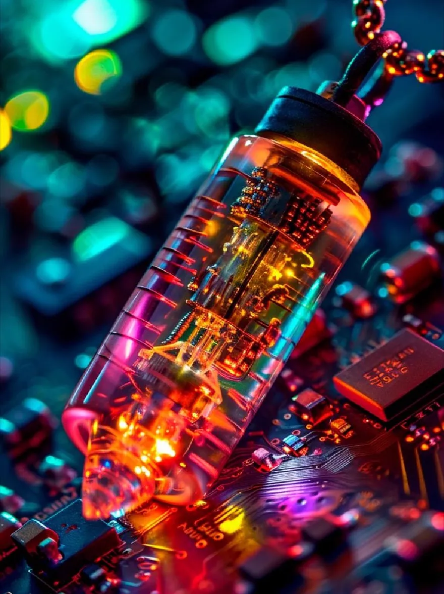 Русский промпт: Крупный план светящейся, разноцветной лампочки, подвешенной к черному шнуру на верхней части платы. Переворот замысловато разработана с различными электронными компонентами, включая резисторы, конденсаторы и транзисторы. Фон размыт с огнями боке, давая мечтательное, эфирное качество. Лампочка является фокусной точкой изображения, причем плата платы обеспечивает подробный фон. Цвета ярки и очаровательны, со смесью блюза, зелени, желтых и красных. Изображение имеет профессиональный вид высокого разрешения. | Original prompt: A close-up of a glowing, multicolored light bulb suspended from a black cord on top of a circuit board. The circuit board is intricately designed with various electronic components, including resistors, capacitors, and transistors. The background is blurred with bokeh lights, giving a dreamy, ethereal quality. The light bulb is the focal point of the image, with the circuit board providing a detailed backdrop. The colors are vibrant and captivating, with a mix of blues, greens, yellows, and reds. The image has a high-resolution, professional look.