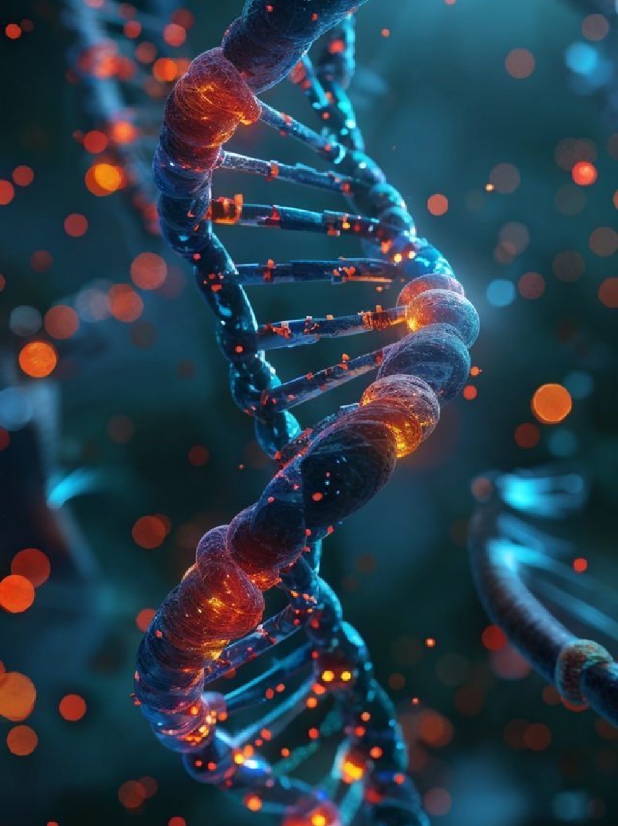 Русский промпт: Крупным планом структуры с двойной спиралью ДНК с синими и оранжевыми нити, освещенная светящимися красными и синими огнями. Фон размыт, с бок -светом в оттенках синего и зеленого, создавая ощущение глубины и измерения. Структура замысловато детализирована, причем каждая прядь представляет собой одну цепь ДНК. Цвета ярки и очаровательны, с синими прядями, стоящими на темном фоне. Изображение имеет профессиональный вид высокого разрешения, с акцентом на сложную структуру и светящиеся огни. | Original prompt: A close-up of a DNA double helix structure with blue and orange strands, illuminated by glowing red and blue lights. The background is blurred, with bokeh lights in shades of blue and green, creating a sense of depth and dimension. The structure is intricately detailed, with each strand representing a single strand of DNA. The colors are vibrant and captivating, with the blue strands standing out against the dark background. The image has a high-resolution, professional look, with a focus on the intricate structure and the glowing lights.