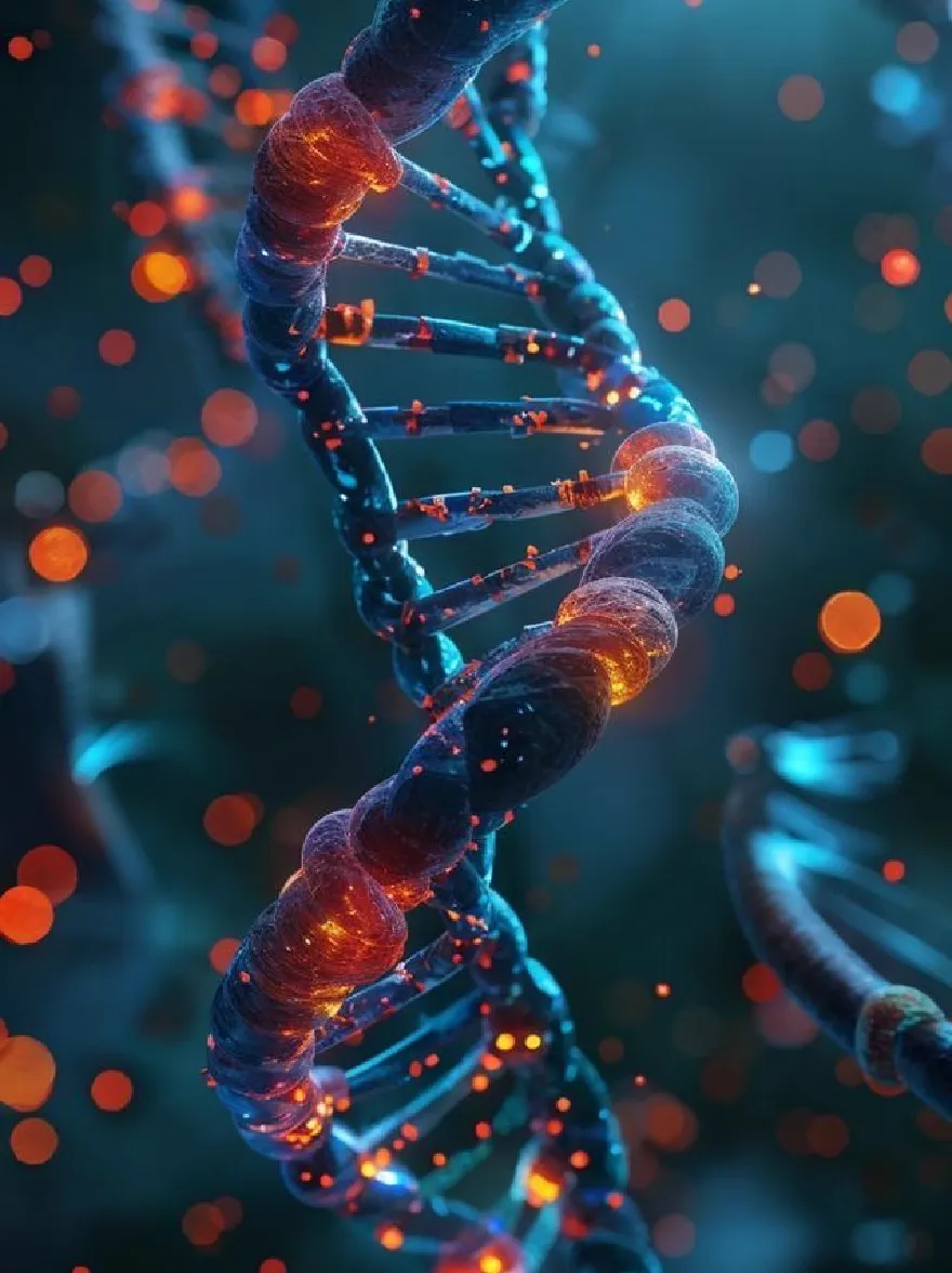 Русский промпт: Крупным планом структуры с двойной спиралью ДНК с синими и оранжевыми нити, освещенная светящимися красными и синими огнями. Фон размыт, с бок -светом в оттенках синего и зеленого, создавая ощущение глубины и измерения. Структура замысловато детализирована, причем каждая прядь представляет собой одну цепь ДНК. Цвета ярки и очаровательны, с синими прядями, стоящими на темном фоне. Изображение имеет профессиональный вид высокого разрешения, с акцентом на сложную структуру и светящиеся огни. | Original prompt: A close-up of a DNA double helix structure with blue and orange strands, illuminated by glowing red and blue lights. The background is blurred, with bokeh lights in shades of blue and green, creating a sense of depth and dimension. The structure is intricately detailed, with each strand representing a single strand of DNA. The colors are vibrant and captivating, with the blue strands standing out against the dark background. The image has a high-resolution, professional look, with a focus on the intricate structure and the glowing lights.