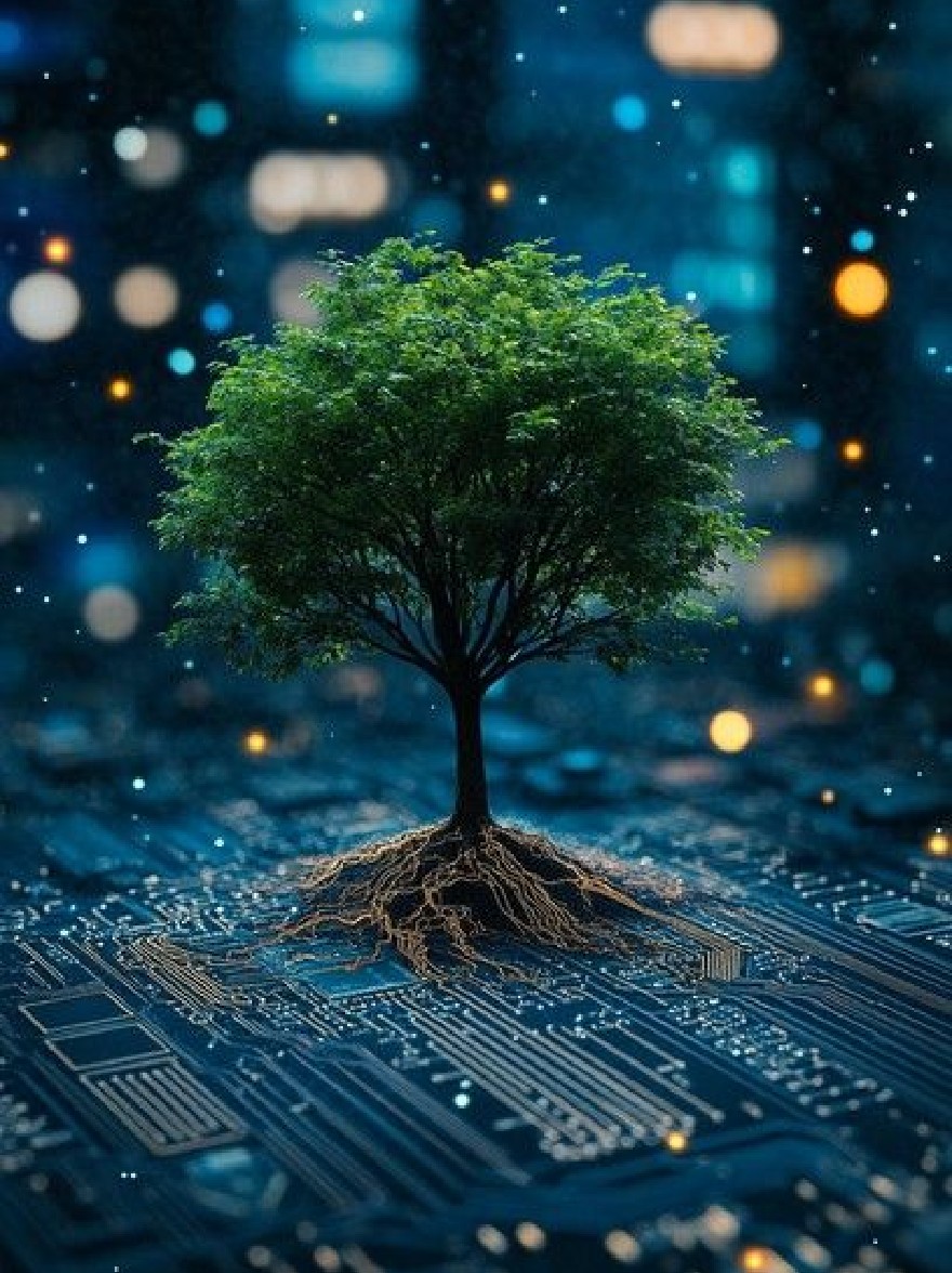 Русский промпт: Фото дерева, растущего из платы, с видимыми корнями. Дерево находится в центре изображения, с городским пейзажем на заднем плане с высокими зданиями и огнями боке. Переворот синяя и имеет различные электронные компоненты, включая резисторы, конденсаторы и транзисторы. Освещение мягкое и теплое, создавая безмятежную атмосферу. Изображение имеет мечтательное, эфирное качество. | Original prompt: Photo of a tree growing out of a circuit board, with its roots visible. The tree is in the center of the image, with a cityscape in the background featuring tall buildings and bokeh lights. The circuit board is blue and has various electronic components, including resistors, capacitors, and transistors. The lighting is soft and warm, creating a serene atmosphere. The image has a dreamy, ethereal quality.