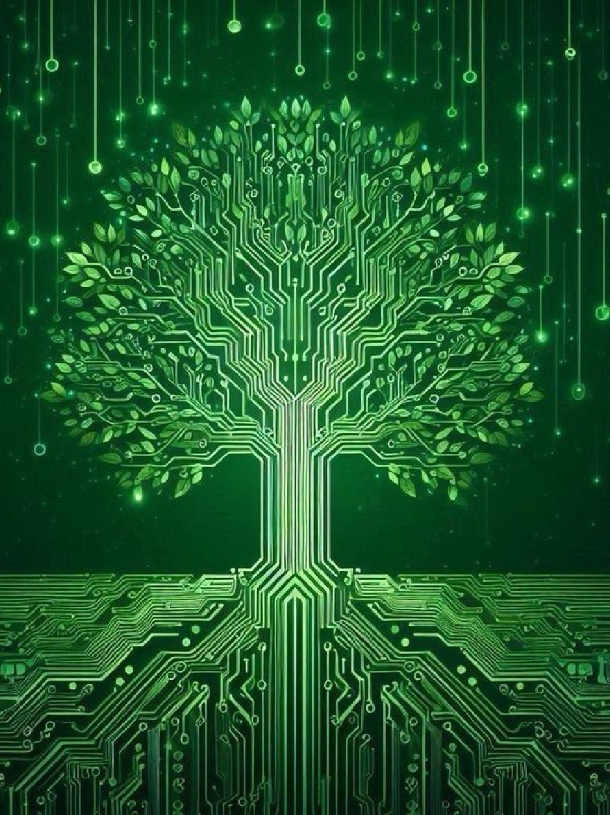 Русский промпт: Цифровая иллюстрация дерева, состоящего из зеленых плат, со сложными деталями и узорами. Дерево окружено светящимся зеленым фоном, с небольшими точками и линиями, соединяющими доски. Обходные платы расположены в симметричной схеме, создавая ощущение баланса и гармонии. Листья детализированы и реалистичны, что придает дереву жизненный вид. Общий эффект является ярким и технологическим представлением природы. | Original prompt: A digital illustration of a tree made up of green circuit boards, with intricate details and patterns. The tree is surrounded by a glowing green background, with small dots and lines connecting the boards. The circuit boards are arranged in a symmetrical pattern, creating a sense of balance and harmony. The leaves are detailed and realistic, giving the tree a lifelike appearance. The overall effect is a vibrant and technological representation of nature.
