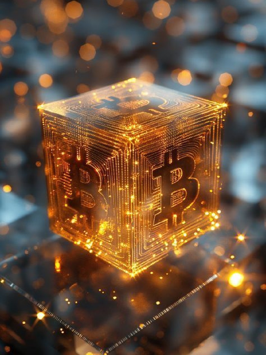 Русский промпт: Фотография светящегося золотого куба биткойна на отражающей поверхности, с эффектом боке на заднем плане. Куб разработан замысловато с шаблоном платы, а символ биткойна заметно отображается в центре. Фон размыт, с бокеми разных цветов, создавая мечтательную, эфирную атмосферу. Освещение мягкое и теплое, подчеркивая сложные детали платы и куба. Изображение имеет высококачественный, профессиональный вид. | Original prompt: A photograph of a glowing golden Bitcoin cube on a reflective surface, with a bokeh effect in the background. The cube is intricately designed with a circuit board pattern, and the Bitcoin symbol is prominently displayed in the center. The background is blurred, with bokehs of different colors, creating a dreamy, ethereal atmosphere. The lighting is soft and warm, highlighting the intricate details of the circuit board and the cube. The image has a high-quality, professional look.