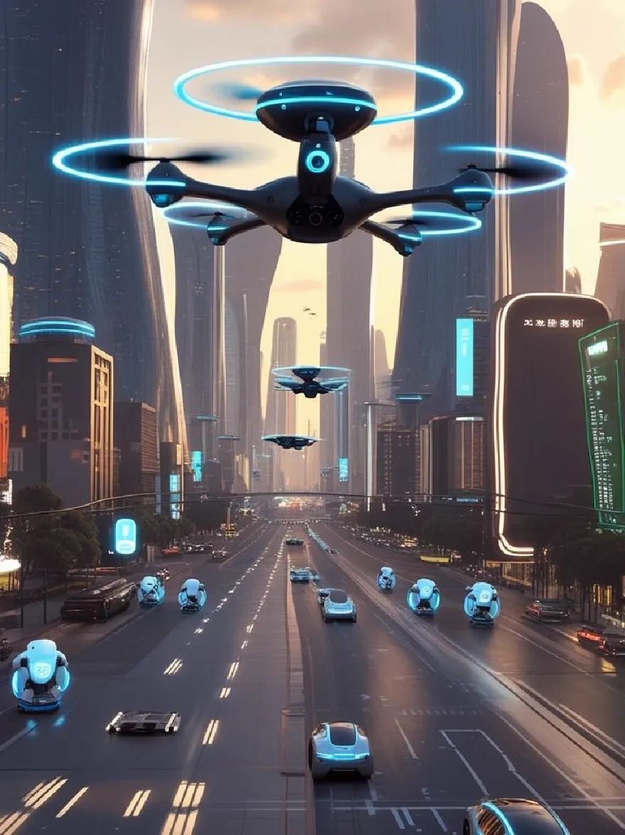 Русский промпт: Футуристический городской пейзаж с беспилотником, парящим над оживленным шоссе на закате. Дрон имеет синий ореол вокруг своего винта и камера, установленная на передней части. Шоссе выложена высокими зданиями и небоскребами, и по ним ехает несколько автономных транспортных средств. Небо представляет собой смесь теплых апельсинов и розовых, с солнцем на заднем плане. Изображение имеет высокотехнологичный, футуристический вид с акцентом на технологии и инновации. | Original prompt: A futuristic cityscape with a drone hovering over a busy highway at sunset. The drone has a blue halo around its propeller and a camera mounted on its front. The highway is lined with tall buildings and skyscrapers, and there are several autonomous vehicles driving along it. The sky is a mix of warm oranges and pinks, with the sun setting in the background. The image has a high-tech, futuristic feel with a focus on technology and innovation.