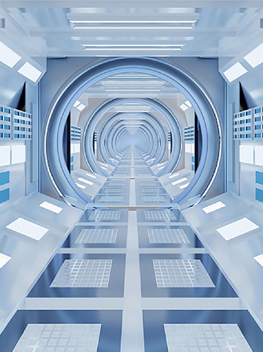 Русский промпт: Футуристический научно-фантастический коридор с длинным узким коридором, выложенным синей и белой плитой. Стены изготовлены из стеклянных панелей, а пол покрыт сетками, похожими на сетку. Коридор освещается яркими, люминесцентными фонарями, и с обеих сторон есть ряды серверов. Общая атмосфера гладкая и современная, с высокотехнологичным ощущением. Изображение имеет высокое разрешение и водяной знак в правом нижнем углу. | Original prompt: A futuristic, sci-fi corridor with a long, narrow corridor lined with blue and white tiles. The walls are made of glass panels, and the floor is covered with grid-like patterns. The corridor is illuminated by bright, fluorescent lights, and there are rows of servers on either side. The overall atmosphere is sleek and modern, with a high-tech feel. The image has a high resolution and a watermark in the bottom right corner.