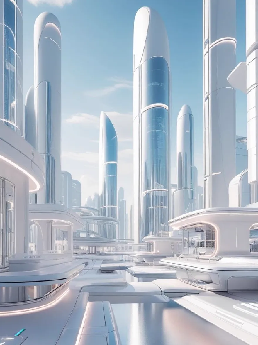 Русский промпт: Футуристический городской пейзаж с высокими цилиндрическими небоскребами разных размеров и форм, освещенный ярким огнем. Здания изготовлены из стекла и имеют гладкий, современный дизайн. Небо - ярко -ярко -синий с несколькими разбросанными облаками. Городской пейзаж оживляет активность, с огромным пространством воды, отражающим современную архитектуру. Изображение имеет высокотехнологичную научно-фантастическую эстетику с акцентом на футуристическую технологию. Освещение мягкое и равномерное, создавая ощущение движения и энергии. Общее настроение - это изысканность и инновации. | Original prompt: A futuristic cityscape with tall, cylindrical skyscrapers of varying sizes and shapes, illuminated by bright lights. The buildings are made of glass and have a sleek, modern design. The sky is a clear, bright blue with a few scattered clouds. The cityscape is bustling with activity, with a vast expanse of water reflecting the modern architecture. The image has a high-tech, sci-fi aesthetic with a focus on futuristic technology. The lighting is soft and even, creating a sense of movement and energy. The overall mood is one of sophistication and innovation.