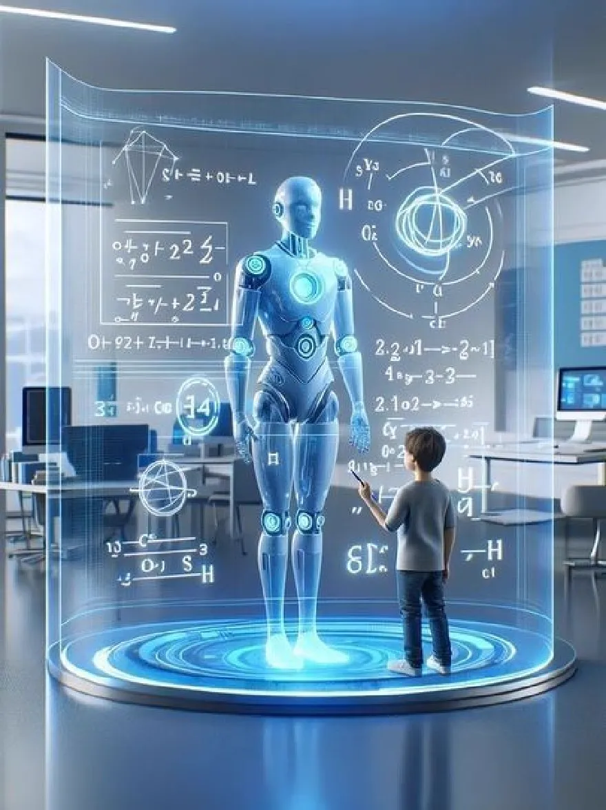 Русский промпт: Молодой мальчик стоит перед футуристическим роботом искусственного интеллекта в научной лаборатории. Робот стоит на круглой платформе с прозрачным стеклянным экраном за ним, отображая математические формулы и диаграммы. Мальчик носит серую футболку и синие джинсы и держит ручку в руке. Лаборатория имеет современный минималистский дизайн с синими стенами, белыми столами и стульями. Освещение яркое и естественное, с синим свечением, исходящим от робота. Изображение имеет высококачественную 3D-рендеринг с научной фантастической эстетикой. | Original prompt: A young boy stands in front of a futuristic, artificial intelligence robot in a science lab. The robot is standing on a circular platform with a transparent glass screen behind it, displaying mathematical formulas and diagrams. The boy is wearing a gray t-shirt and blue jeans, and is holding a pen in his hand. The lab has modern, minimalist design with blue walls and white desks and chairs. The lighting is bright and natural, with a blue glow emanating from the robot. The image has a high-quality, 3D rendering with a sci-fi aesthetic.
