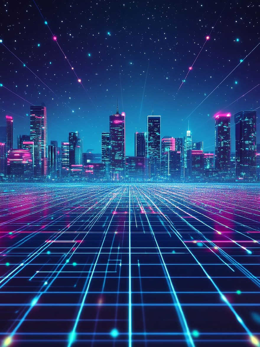 Русский промпт: Футуристический, неоновый городской пейзаж ночью, в котором изображен сетка, похожий на сетку со светящимися линиями и геометрическими формами. Городской пейзаж состоит из высоких современных небоскребов со светящимися огнями, установленными на темном звездном небе. Линии сетки создают ощущение глубины и измерения, в то время как геометрические фигуры отражают свет, создавая завораживающий эффект. Общая эстетика напоминает научно-фантастическую эстетику киберпанк. | Original prompt: A futuristic, neon-lit cityscape at night, featuring a grid-like pattern with glowing lines and geometric shapes. The cityscape is composed of tall, modern skyscrapers with glowing lights, set against a dark, starry sky. The grid lines create a sense of depth and dimension, while the geometric shapes reflect the light, creating a mesmerizing effect. The overall aesthetic is reminiscent of a sci-fi, cyberpunk aesthetic.