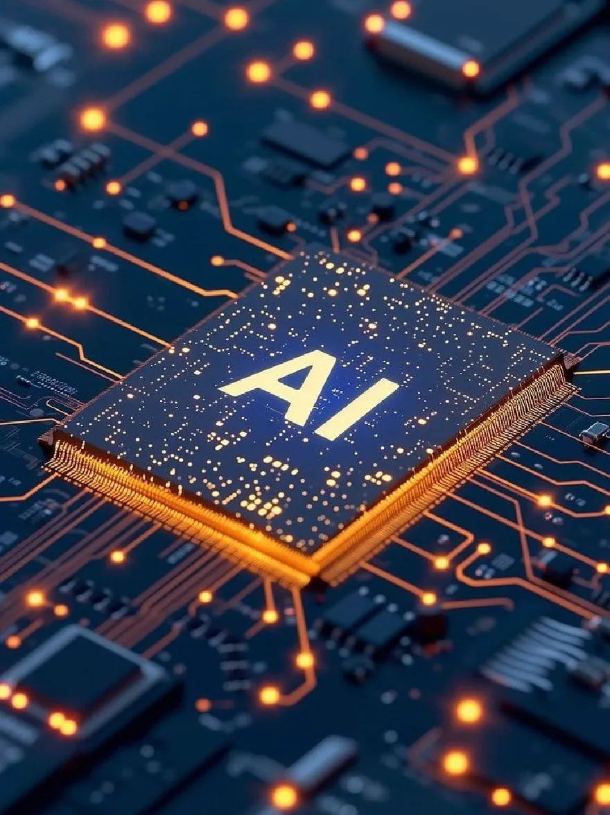 Русский промпт: Крупный план печатной платы (PCB) с чипом ИИ в центре. Чип золота в цвете и имеет букву «AI», написанную на нем белыми заглавными буквами. Переворота синяя с оранжевыми и желтыми линиями, соединяющими различные электронные компоненты. Фон размыт, сосредотачивая внимание на чипе. Изображение имеет высококачественный, профессиональный вид. | Original prompt: A close-up of a printed circuit board (PCB) with an AI chip in the center. The chip is gold in color and has the letter "AI" written on it in white capital letters. The circuit board is blue with orange and yellow lines connecting various electronic components. The background is blurred, focusing attention on the chip. The image has a high-quality, professional look.