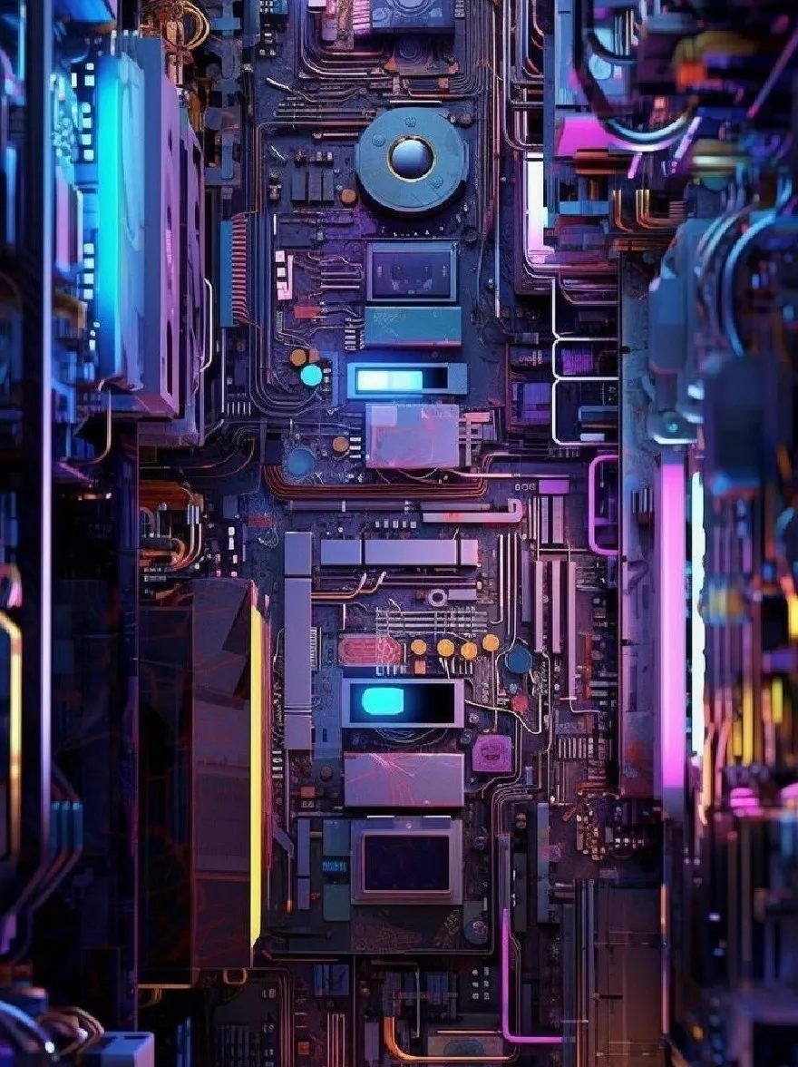 Русский промпт: Фотография с высоким разрешением футуристической материнской платы компьютера со сложной схемой и красочными огнями. В материнской плате преобладают различные электронные компоненты, такие как ядра процессоров, модули ОЗУ и интегрированные схемы. Цвета яркие и разнообразные, со смесью блюза, зелени, желтых и красных. Освещение выделяет сложные детали материнской платы, включая провода, кабели и радиаторы. Изображение имеет научно-фантастическую эстетику киберпанка с акцентом на технологии и инновации. | Original prompt: A high-resolution photograph of a futuristic computer motherboard with intricate circuitry and colorful lights. The motherboard is dominated by various electronic components such as CPU cores, RAM modules, and integrated circuits. The colors are vibrant and varied, with a mix of blues, greens, yellows, and reds. The lighting highlights the intricate details of the motherboard, including wires, cables, and heat sinks. The image has a sci-fi, cyberpunk aesthetic with a focus on technology and innovation.