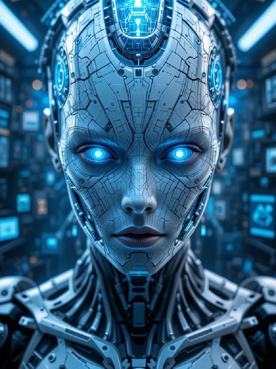 Русский промпт: Крупным планом футуристического гуманоидного робота с синими светящимися глазами и металлической, потрескавшейся металлической поверхности. Робот имеет гладкий, обтекаемый дизайн с замысловатыми схемами схемы. Фон размыт, с рядами компьютерных экранов и коммутаторов, придающих научно-фантастическому, футуристическому ощущению. Освещение яркое и равномерное, подчеркивая сложные детали лица и тела робота. Общий эффект-одна из высокотехнологичных изысканности и передовой технологии. | Original prompt: A close-up of a futuristic, humanoid robot with blue glowing eyes and a metallic, cracked, metallic surface. The robot has a sleek, streamlined design with intricate circuitry patterns. The background is blurred, with rows of computer screens and switches, giving a sci-fi, futuristic feel. The lighting is bright and even, highlighting the intricate details of the robot's face and body. The overall effect is one of high-tech sophistication and advanced technology.