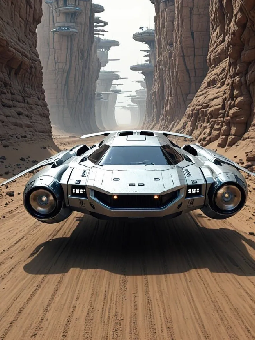 Русский промпт: Футуристический, серебряный, футуристический летающий автомобиль, парящий через пустынный пейзаж с скалистыми скалами с обеих сторон. Автомобиль имеет гладкий, аэродинамический дизайн с низким содержанием тела и большими угловальными фарами. Небо яркое, чистое синее, а земля-песчаный, красновато-коричневый цвет. На заднем плане существуют высокие цилиндрические структуры, которые, по -видимому, являются футуристическими структурами с несколькими уровнями. На изображении есть научно-фантастическое, футуристическое чувство, с акцентом на гладкий дизайн автомобиля и передовые технологии. | Original prompt: A futuristic, silver, futuristic flying car soaring through a desert landscape with rocky cliffs on either side. The car has a sleek, aerodynamic design with a low-slung body and large, angular headlights. The sky is a bright, clear blue, and the ground is a sandy, reddish-brown color. In the background, there are tall, cylindrical structures that appear to be futuristic structures with multiple levels. The image has a sci-fi, futuristic feel to it, with a focus on the car's sleek design and advanced technology.