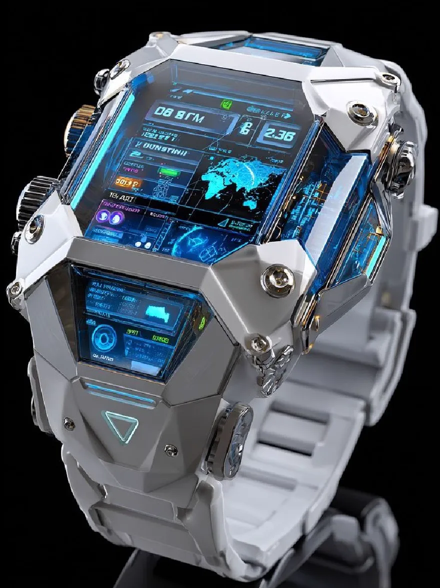 Русский промпт: Футуристические, научно-фантастические цифровые часы с шестиугольной, металлической рамой и синим, футуристическим интерфейсом. Часы имеют цифровой дисплей с картой мира в центре, окруженной различными значками и символами. Лицо часов сделано из сочетания серебра и синего металла, с гладким, угловым дизайном. Фон темный, выделяя часы. Общая эстетика является футуристической и технологической. | Original prompt: A futuristic, sci-fi digital watch with a hexagonal, metallic frame and a blue, futuristic interface. The watch has a digital display with a world map in the center, surrounded by various icons and symbols. The face of the watch is made of a combination of silver and blue metal, with a sleek, angular design. The background is dark, making the watch stand out. The overall aesthetic is futuristic and technological.