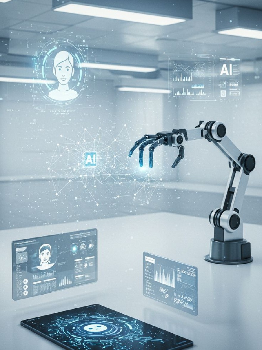 Русский промпт: Футуристическая промышленная обстановка с роботизированной рукой, достигающей футуристического интерфейса с значками ИИ и графиками. Роботизированная рука находится на правой стороне изображения, с гладким, металлическим телом и синими акцентами. На левой стороне есть два экрана, отображающие пользовательские профили, один с изображением профиля человека, а другой с символом ИИ. Фон представляет собой размытую, современную офисную обстановку со стеклянными стенами и люминесцентными огнями. Изображение обладает высокотехнологичным, футуристическим ощущением с акцентом на технологии и подключение. Общая цветовая схема синяя и белая, что придает ей чистый и современный вид. | Original prompt: A futuristic, industrial setting with a robotic arm reaching towards a futuristic interface with AI icons and graphs. The robotic arm is on the right side of the image, with a sleek, metallic body and blue accents. On the left side, there are two screens displaying user profiles, one with a profile picture of a person and the other with an AI symbol. The background is a blurred, modern office setting with glass walls and fluorescent lights. The image has a high-tech, futuristic feel with a focus on technology and connectivity. The overall color scheme is blue and white, giving it a clean and modern look.