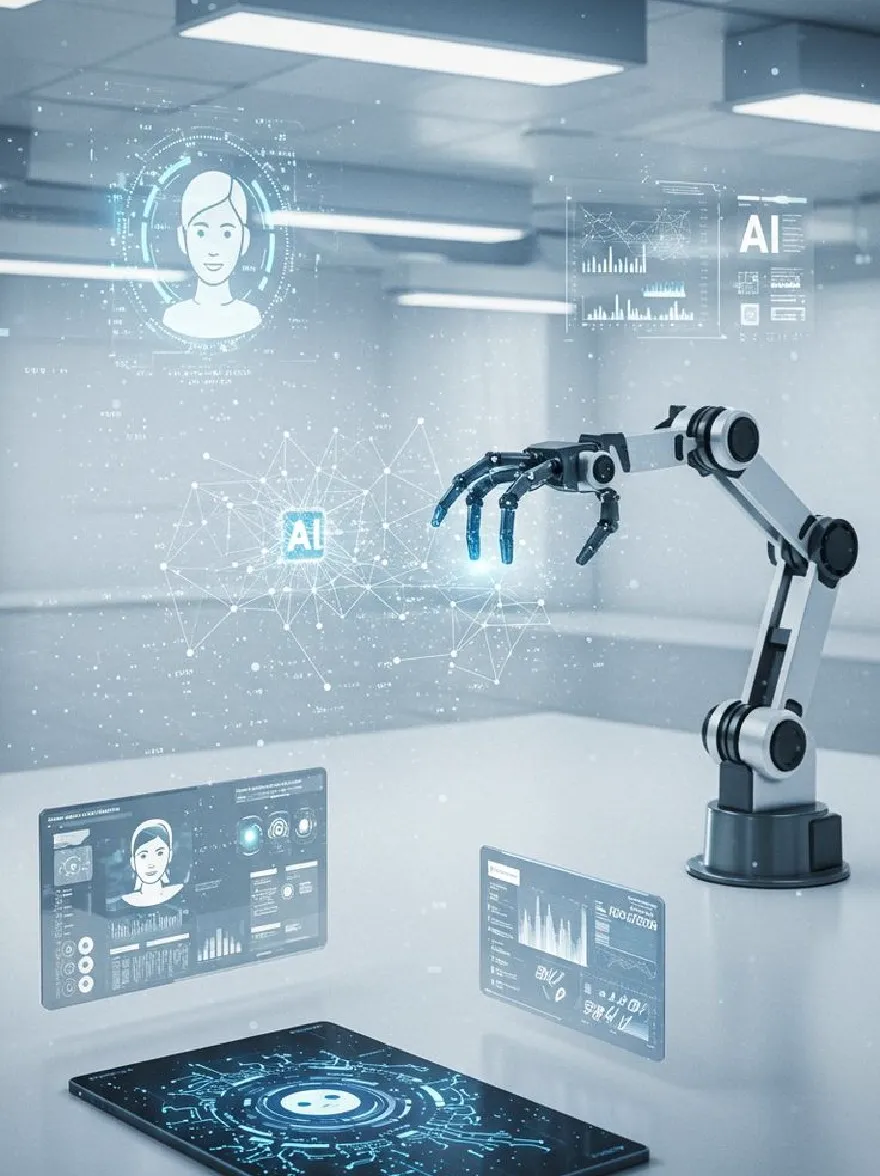Русский промпт: Футуристическая промышленная обстановка с роботизированной рукой, достигающей футуристического интерфейса с значками ИИ и графиками. Роботизированная рука находится на правой стороне изображения, с гладким, металлическим телом и синими акцентами. На левой стороне есть два экрана, отображающие пользовательские профили, один с изображением профиля человека, а другой с символом ИИ. Фон представляет собой размытую, современную офисную обстановку со стеклянными стенами и люминесцентными огнями. Изображение обладает высокотехнологичным, футуристическим ощущением с акцентом на технологии и подключение. Общая цветовая схема синяя и белая, что придает ей чистый и современный вид. | Original prompt: A futuristic, industrial setting with a robotic arm reaching towards a futuristic interface with AI icons and graphs. The robotic arm is on the right side of the image, with a sleek, metallic body and blue accents. On the left side, there are two screens displaying user profiles, one with a profile picture of a person and the other with an AI symbol. The background is a blurred, modern office setting with glass walls and fluorescent lights. The image has a high-tech, futuristic feel with a focus on technology and connectivity. The overall color scheme is blue and white, giving it a clean and modern look.