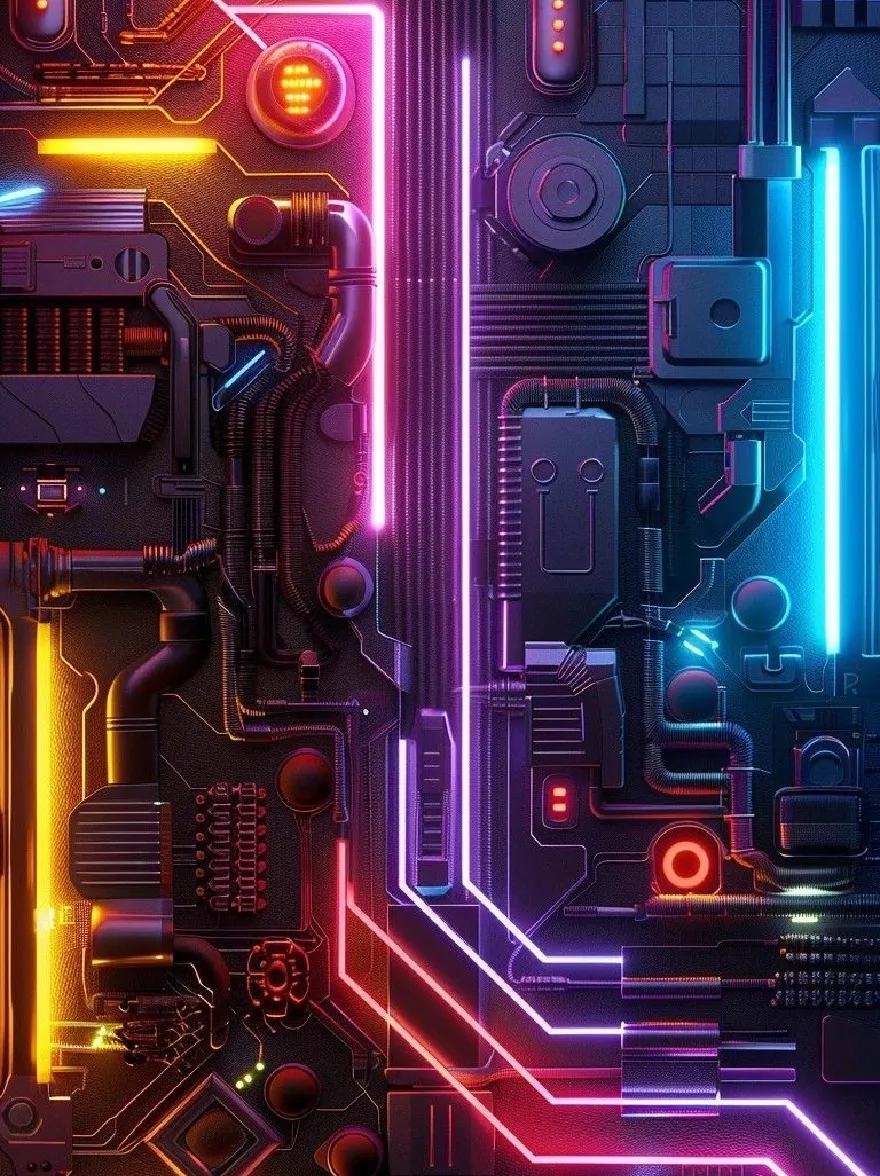 Русский промпт: Крупный план футуристической, неоновой платы с замысловатыми деталями и соединениями. Плата состоит из различных электронных компонентов, таких как резисторы, конденсаторы, транзисторы и интегрированные схемы. Цвета яркие и разнообразные, от яркого блюза и зелени до теплых апельсинов и желтых. Доски расположены в симметричном рисунке, создавая визуально приятную композицию. Изображение имеет высокотехнологичное, промышленное ощущение, с акцентом на сложные детали платы. Освещение создает ощущение глубины и размерности, выделяя доску. | Original prompt: A close-up of a futuristic, neon-lit circuit board with intricate details and connections. The board is composed of various electronic components such as resistors, capacitors, transistors, and integrated circuits. The colors are vibrant and varied, ranging from bright blues and greens to warm oranges and yellows. The boards are arranged in a symmetrical pattern, creating a visually pleasing composition. The image has a high-tech, industrial feel, with a focus on the intricate details of the circuit board. The lighting creates a sense of depth and dimensionality, making the board stand out.