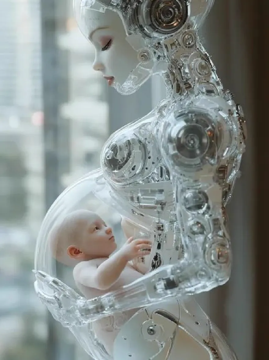 Русский промпт: Фотография футуристического гуманоидного робота с гладким, металлическим дизайном, держащий ребенка в прозрачной капсуле. Ребенок маленький и круглый, с лысой головой и бледной кожей. Робот имеет стройное, сочлененное тело и гладкую полированную поверхность. Фон размыт, но, похоже, это современная промышленная обстановка с большими окнами. Освещение мягкое и естественное, подчеркивая сложные детали тела робота и нежные черты ребенка. На изображении есть мечтательное, эфирное качество с акцентом на мать и ребенка. | Original prompt: Photo of a futuristic humanoid robot with a sleek, metallic design, holding a baby in a transparent capsule. The baby is small and round, with a bald head and pale skin. The robot has a slender, articulated body and a smooth, polished surface. The background is blurred, but it appears to be a modern, industrial setting with large windows. The lighting is soft and natural, highlighting the intricate details of the robot's body and the baby's delicate features. The image has a dreamy, ethereal quality with a focus on the mother and baby.