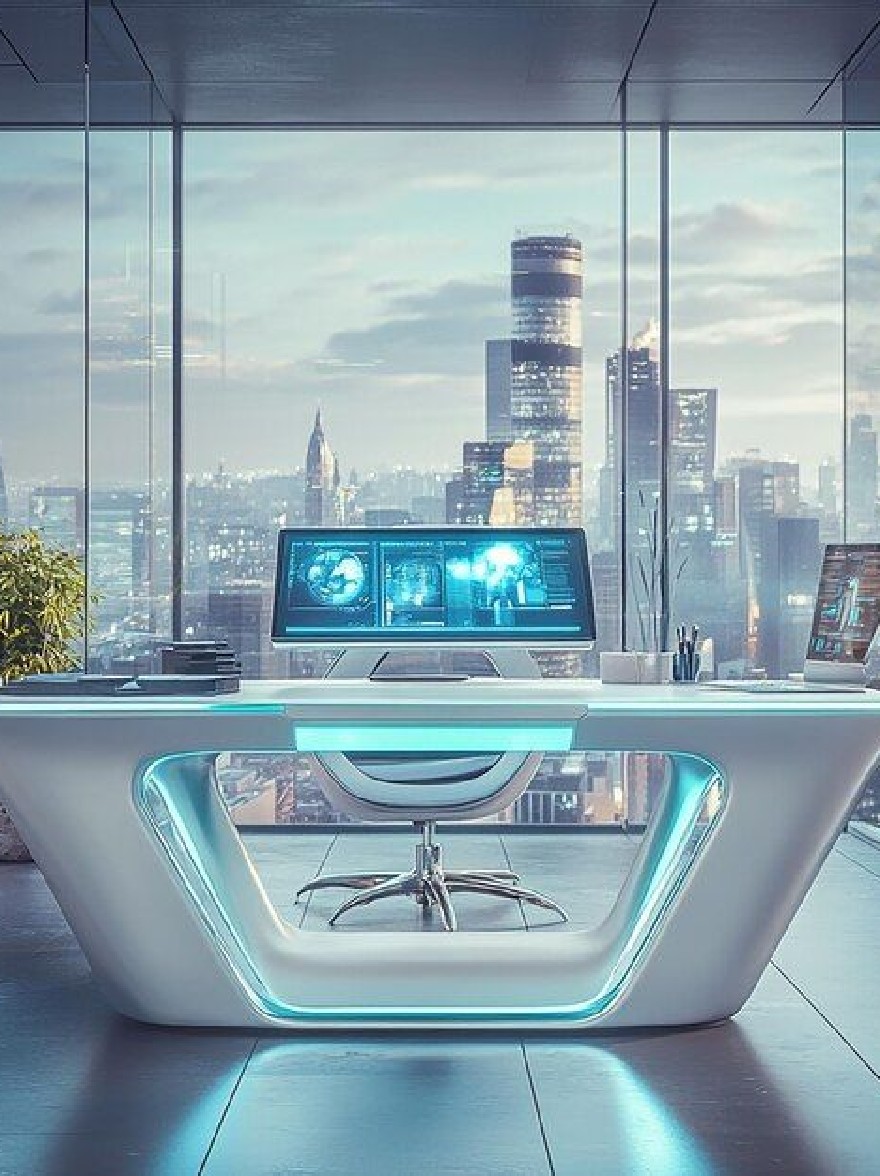 Русский промпт: Футуристический офис с большим окном с видом на городской горизонт ночью. На столе на переднем плане есть монитор компьютера, отображающий рентгеновские изображения, клавиатуру и мышь. Стол имеет гладкий, современный дизайн с белой, изогнутой поверхностью и синей светодиодной полосой, проходящей вдоль края. На левой стороне стола есть горшечное растение, добавляя прикосновение зелени в промышленную обстановку в остальном. Освещение яркое и равномерное, подчеркивая гладкий дизайн и городской пейзаж на заднем плане. Общая эстетика является современной и минималистичной, с акцентом на технологии и инновации. | Original prompt: A futuristic office with a large window overlooking a city skyline at night. On the desk in the foreground, there is a computer monitor displaying X-ray images, a keyboard, and a mouse. The desk has a sleek, modern design with a white, curved surface and a blue LED strip running along the edge. There is a potted plant on the left side of the desk, adding a touch of greenery to the otherwise industrial setting. The lighting is bright and even, highlighting the sleek design and the cityscape in the background. The overall aesthetic is modern and minimalistic, with a focus on technology and innovation.