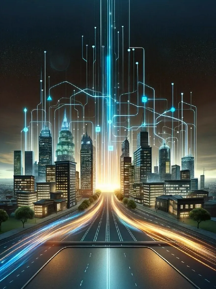 Русский промпт: Футуристический городской пейзаж ночью, с длинным выстрелом по шоссе на переднем плане. Городской пейзаж освещается ярким светом, состоящим из высоких небоскребов со светящимися синими и белыми линиями, создавая их, создавая сетевую структуру. Небо темное, со звездами мерцают на заднем плане. Шоссе пустое, без видимых автомобилей или людей. Деревья выравнивают стороны шоссе, обеспечивая контраст с городским пейзажем. Общий эффект - это один из технологических достижений и подключения. | Original prompt: A futuristic cityscape at night, with a long exposure shot of a highway in the foreground. The cityscape is illuminated by bright lights, consisting of tall skyscrapers with glowing blue and white lines connecting them, creating a network-like structure. The sky is dark, with stars twinkling in the background. The highway is empty, with no cars or people visible. Trees line the sides of the highway, providing a contrast to the cityscape. The overall effect is one of technological advancement and connectivity.
