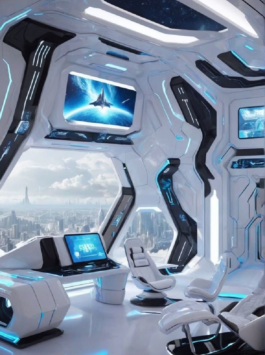 Русский промпт: Футуристический, футуристический космический корабль с высокотехнологичным дизайном с гладким, футуристическим интерьером с белыми и синими акцентами. В кабине есть большой экран с изображением космического корабля, летящего над городским пейзажем, с ноутбуком на столе в центре. Стены изготовлены из металлических панелей с синими акцентами, а потолок освещен яркими огнями. Пол изготовлен из белой кожи, и вокруг стола расположены несколько удобных эргономичных стульев. Общая эстетика является футуристической и научной фантастикой. | Original prompt: A futuristic, futuristic spaceship cockpit with a high-tech design featuring a sleek, futuristic interior featuring white and blue accents. The cockpit has a large screen displaying an image of a spaceship flying over a cityscape, with a laptop on a desk in the center. The walls are made of metallic panels with blue accents, and the ceiling is illuminated with bright lights. The floor is made of white leather, and there are several comfortable, ergonomic chairs arranged around the desk. The overall aesthetic is futuristic and sci-fi.