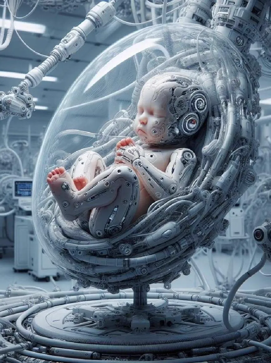 Русский промпт: Фотография новорожденного ребенка, мирно спящего внутри прозрачного яичного стручка, окруженного сложными металлическими проводами и кабелями. POD помещается в футуристическую промышленную обстановку с высокотехнологичной средой. У ребенка тонкий роботизированный вид со сложными деталями и мягкой шелковистой текстурой. Освещение яркое и равномерное, подчеркивая нежные черты ребенка. Фон заполнен машинами и кабелями, давая ощущение глубины и сложности. Общее настроение - это спокойствие и спокойствие. | Original prompt: A photograph of a newborn baby peacefully sleeping inside a transparent egg-shaped pod, surrounded by intricate, metallic wires and cables. The pod is placed in a futuristic, industrial setting, with a high-tech environment. The baby has a delicate, robotic appearance with intricate details and a soft, silky texture. The lighting is bright and even, highlighting the baby's delicate features. The background is filled with machines and cables, giving a sense of depth and complexity. The overall mood is one of calmness and serenity.
