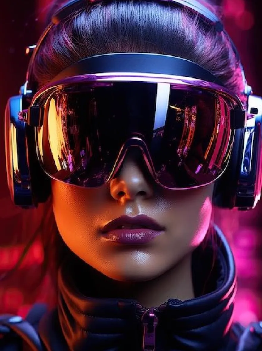 Русский промпт: Фотография футуристической женщины с темной кожей, в черной куртке с молнией и парой футуристических наушников на голове. У нее длинные, темные волосы, приготовленные в гладком, прямой образе, а ее лицо частично скрыто футуристическим козырьком с отражающими линзами. Фон представляет собой яркую смесь красных, синих и фиолетовых оттенков, создавая научно-фантастическую и футуристическую атмосферу. Освещение драматично, подчеркивая ее лицо и очки. Изображение имеет высококачественный, фотореалистический стиль с акцентом на футуристическую эстетику. Женщина расположена в центре рамы, с фоном слегка вне фокуса. | Original prompt: Photo of a futuristic woman with dark skin, wearing a black jacket with a zipper, and a pair of futuristic headphones on her head. She has long, dark hair styled in a sleek, straight look, and her face is partially obscured by a futuristic visor with reflective lenses. The background is a vibrant mix of red, blue, and purple hues, creating a sci-fi and futuristic atmosphere. The lighting is dramatic, highlighting her face and the goggles. The image has a high-quality, photorealistic style with a focus on the futuristic aesthetic. The woman is positioned in the center of the frame, with the background slightly out of focus.