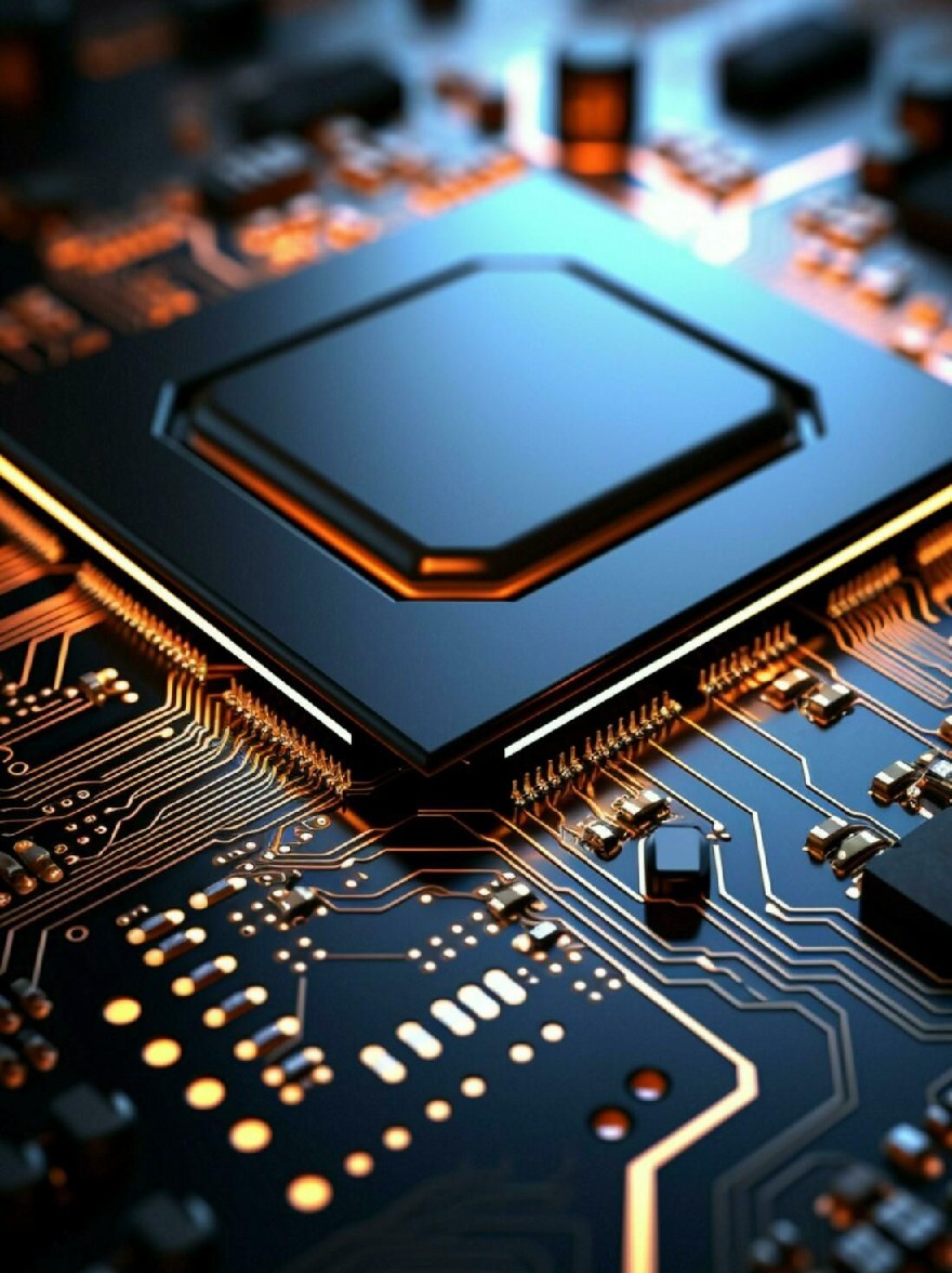 Русский промпт: Крупным планом компьютерной материнской платы с шестиугольным процессором в центре. ЦП черный с апельсиновой шестигранной формой на вершине. Материнская плата замысловато разработана с различными электронными компонентами, такими как резисторы, конденсаторы и транзисторы. Фон размыт, но, похоже, это плата с сияющими апельсиновыми и синими огнями. Изображение имеет высококачественный, профессиональный вид с акцентом на процессор и его компоненты. | Original prompt: A close-up of a computer motherboard with a hexagonal CPU in the center. The CPU is black with an orange hexagon shape on top. The motherboard is intricately designed with various electronic components such as resistors, capacitors, and transistors. The background is blurred, but it appears to be a circuit board with glowing orange and blue lights. The image has a high-quality, professional look with a focus on the processor and its components.