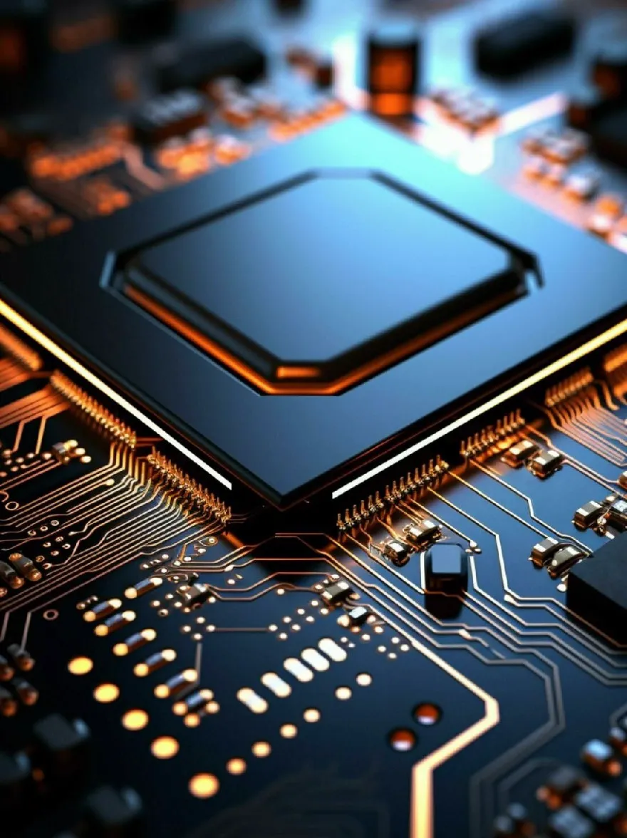 Русский промпт: Крупным планом компьютерной материнской платы с шестиугольным процессором в центре. ЦП черный с апельсиновой шестигранной формой на вершине. Материнская плата замысловато разработана с различными электронными компонентами, такими как резисторы, конденсаторы и транзисторы. Фон размыт, но, похоже, это плата с сияющими апельсиновыми и синими огнями. Изображение имеет высококачественный, профессиональный вид с акцентом на процессор и его компоненты. | Original prompt: A close-up of a computer motherboard with a hexagonal CPU in the center. The CPU is black with an orange hexagon shape on top. The motherboard is intricately designed with various electronic components such as resistors, capacitors, and transistors. The background is blurred, but it appears to be a circuit board with glowing orange and blue lights. The image has a high-quality, professional look with a focus on the processor and its components.