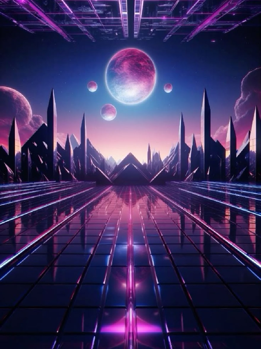 Русский промпт: Футуристический, научно-фантастический пейзаж с обширным пространством небоскребов, освещенных неоновыми огнями и отражая от отражающей поверхности. Небо - глубокий, звездный синий с несколькими тонкими облаками. В центре изображения большая светящаяся розовая луна поднимается над далеким городским пейзажем. Городской пейзаж состоит из высоких угловых зданий с пирамидной структурой на переднем плане. Сетчатые структуры отражаются в воде внизу, создавая ощущение глубины и размерности. Общая эстетика напоминает эстетику киберпанка или киберпанка. | Original prompt: A futuristic, sci-fi landscape featuring a vast expanse of skyscrapers, illuminated by neon lights and reflecting off the reflective surface. The sky is a deep, starry blue with a few wispy clouds. In the center of the image, a large, glowing pink moon rises over a distant cityscape. The cityscape is composed of tall, angular buildings with a pyramid-like structure in the foreground. The grid-like structures are reflected in the water below, creating a sense of depth and dimensionality. The overall aesthetic is reminiscent of a cyberpunk or cyberpunk aesthetic.