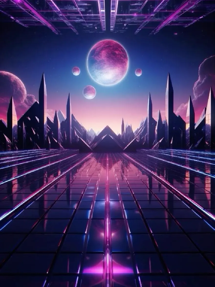 Русский промпт: Футуристический, научно-фантастический пейзаж с обширным пространством небоскребов, освещенных неоновыми огнями и отражая от отражающей поверхности. Небо - глубокий, звездный синий с несколькими тонкими облаками. В центре изображения большая светящаяся розовая луна поднимается над далеким городским пейзажем. Городской пейзаж состоит из высоких угловых зданий с пирамидной структурой на переднем плане. Сетчатые структуры отражаются в воде внизу, создавая ощущение глубины и размерности. Общая эстетика напоминает эстетику киберпанка или киберпанка. | Original prompt: A futuristic, sci-fi landscape featuring a vast expanse of skyscrapers, illuminated by neon lights and reflecting off the reflective surface. The sky is a deep, starry blue with a few wispy clouds. In the center of the image, a large, glowing pink moon rises over a distant cityscape. The cityscape is composed of tall, angular buildings with a pyramid-like structure in the foreground. The grid-like structures are reflected in the water below, creating a sense of depth and dimensionality. The overall aesthetic is reminiscent of a cyberpunk or cyberpunk aesthetic.