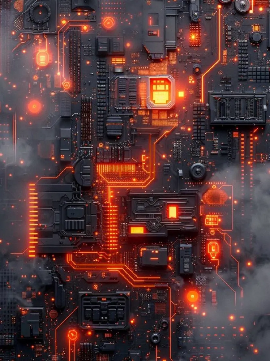 Русский промпт: Крупным планом компьютерной материнской платы со светящейся апельсиновой и черной схемой с различными электронными компонентами, такими как конденсаторы, транзисторы и интегрированные схемы. Материнская плата установлена на темном, дымном фоне, с высокотехнологичным, промышленным ощущением. Переходовая плата детализирована замысловатыми линиями и формами, придавая ей футуристический и технологический вид. Изображение имеет высокое разрешение, что делает его подходящим для использования в качестве обоев или фона. | Original prompt: A close-up of a computer motherboard with glowing orange and black circuitry, featuring various electronic components such as capacitors, transistors, and integrated circuits. The motherboard is set against a dark, smoky background, with a high-tech, industrial feel. The circuit board is detailed with intricate lines and shapes, giving it a futuristic and technological look. The image has a high resolution, making it suitable for use as a wallpaper or background.