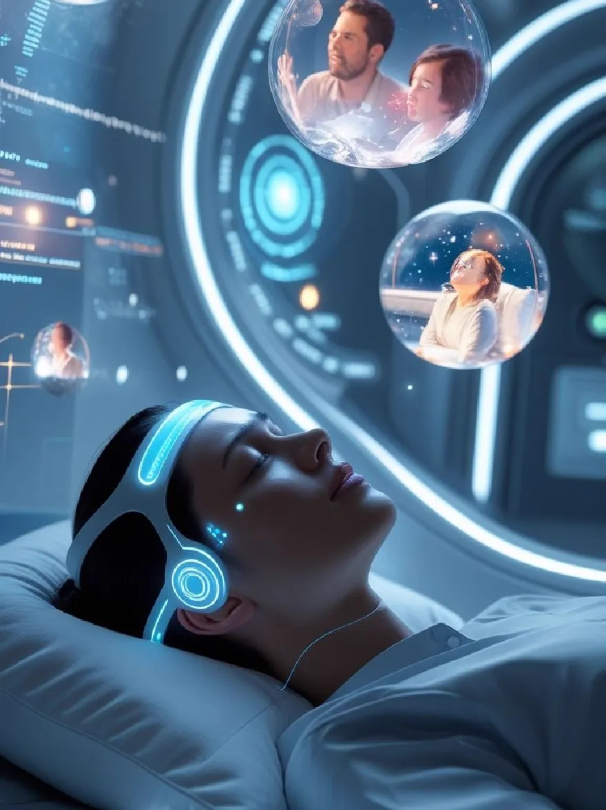 Русский промпт: Молодая женщина с честной кожей и черными волосами мирно спит на белой подушке, одетая в синюю футуристическую повязку с светящимися синими кругами. Она закрыта глаза и, кажется, расслаблена. На заднем плане есть три сферических изображения трех человек, один из которых - мужчина, а один - женщина, с звездным ночным небом, видимым через них. Комната смутно освещена футуристической научно-фантастической эстетикой с большим круглым окном с синим светом, исходящим от него, и футуристическим интерфейсом с текстом и графиками. Женщина носит белую рубашку и имеет мирное выражение на лице. Общее настроение успокаивает и безмятежно. | Original prompt: A young woman with fair skin and black hair is sleeping peacefully on a white pillow, wearing a blue futuristic headband with glowing blue circles. She has her eyes closed and appears to be relaxed. In the background, there are three spherical images of three people, one of whom is a man and one is a woman, with a starry night sky visible through them. The room is dimly lit with a futuristic, sci-fi aesthetic, featuring a large circular window with a blue light emanating from it, and a futuristic interface with text and graphs. The woman is wearing a white shirt and has a peaceful expression on her face. The overall mood is calming and serene.