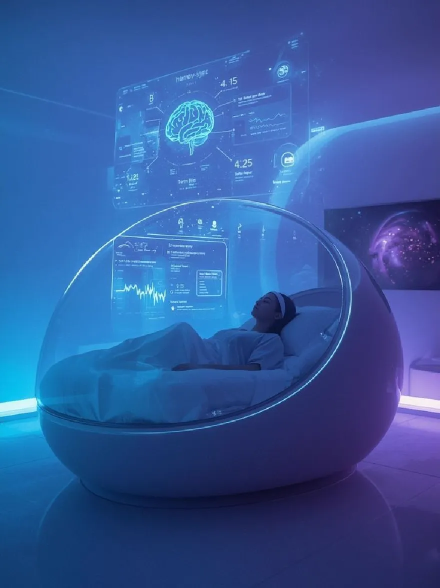 Русский промпт: Футуристическая, футуристическая спальня с прозрачным, сферическим креслом, похожим на стручки в центре. Внутри капсула молодая женщина спит мирно, в белой повязке и белой ночной рубашке, с закрытыми глазами и мирным выражением на лице. Комната смутно освещена синим и фиолетовым оттенком, а большой светящийся экран отображает изображение мозга и различные графики и диаграммы. Пол изготовлен из бетона, а стены окрашены в белый цвет. Общая эстетика минималистичная и минималистичная, с акцентом на технологии и инновации. | Original prompt: A futuristic, futuristic bedroom with a transparent, spherical pod-like chair in the center. Inside the pod, a young woman is sleeping peacefully, wearing a white headband and a white nightgown, with her eyes closed and a peaceful expression on her face. The room is dimly lit with blue and purple hues, and a large, glowing screen displays a brain image and various graphs and charts. The floor is made of concrete, and the walls are painted white. The overall aesthetic is minimalistic and minimalistic, with a focus on technology and innovation.